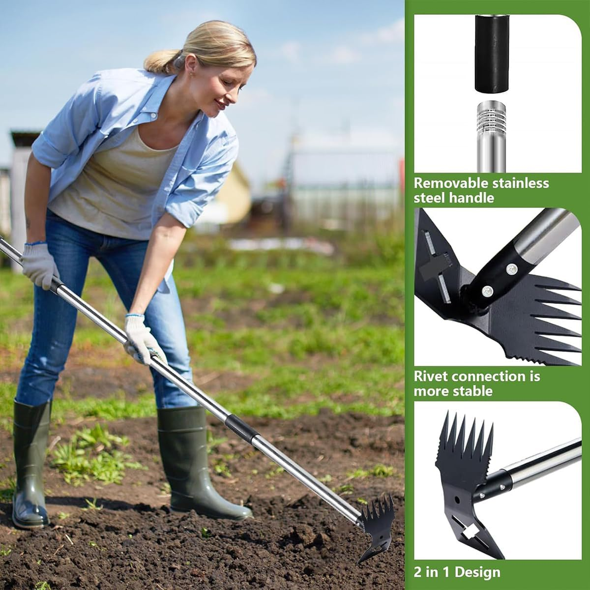AIMALL 2 - in - 1 Adjustable Garden Hoe, Dual - Purpose Weeding & Shoveling Tool, Stainless Steel Telescopic Handle, Multi - Functional Yard/Gardening Rake image number 1