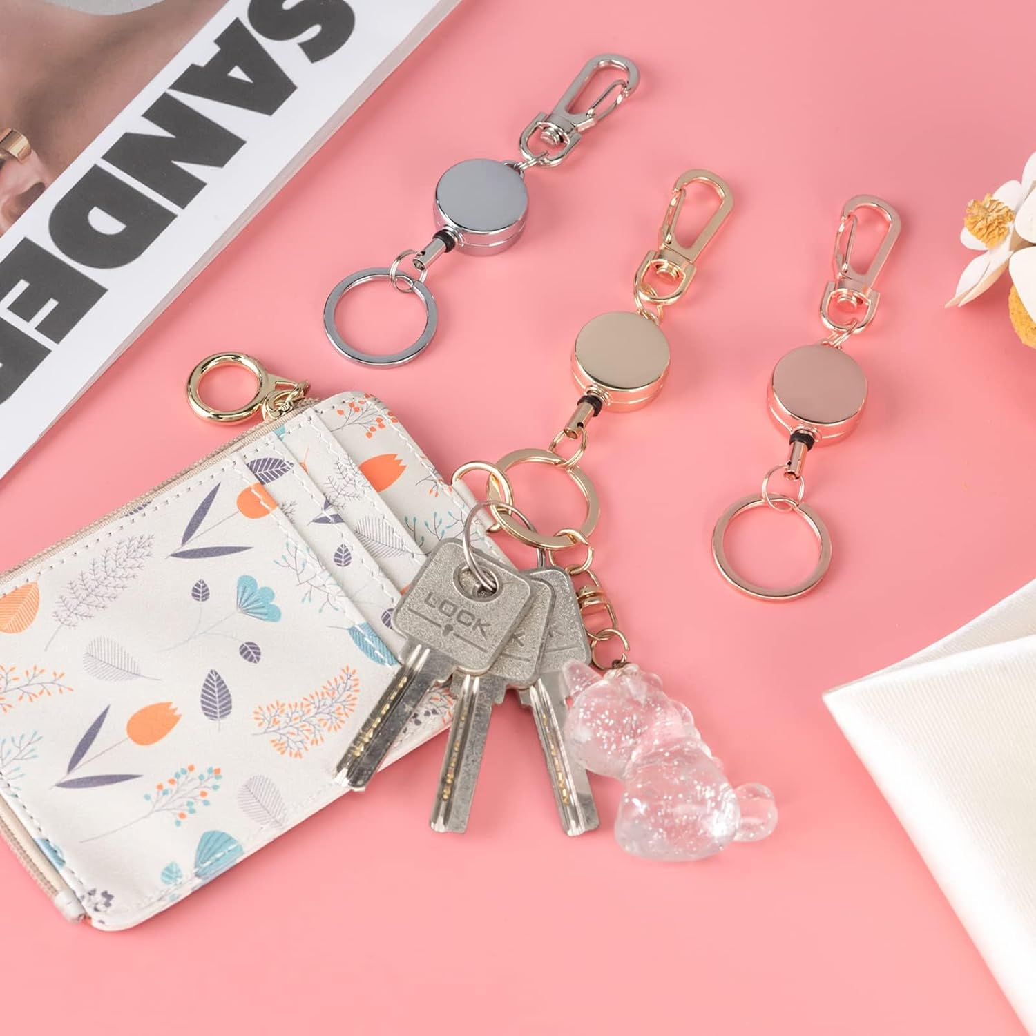 (4 Pack) ZANZER Retractable Keychain, Retractable Badge Holder, Badge Reel for Id Card Holders, Id Card Holder (Pink + Silver + Black + Gold) image number 2