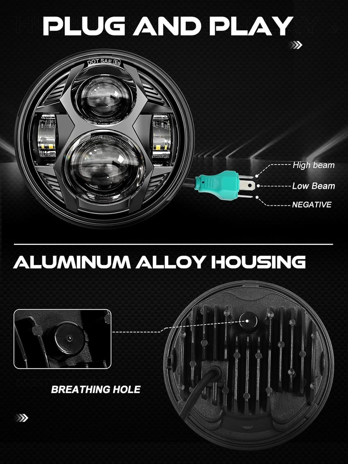 5.75 Inch round Led Headlight 51W 5-3/4" Headlight Compatible with Harley Dyna Sportster Iron 883 Street Rod Street Bob Softail Deuce Custom Super Wide Glide Motorcycle, Black