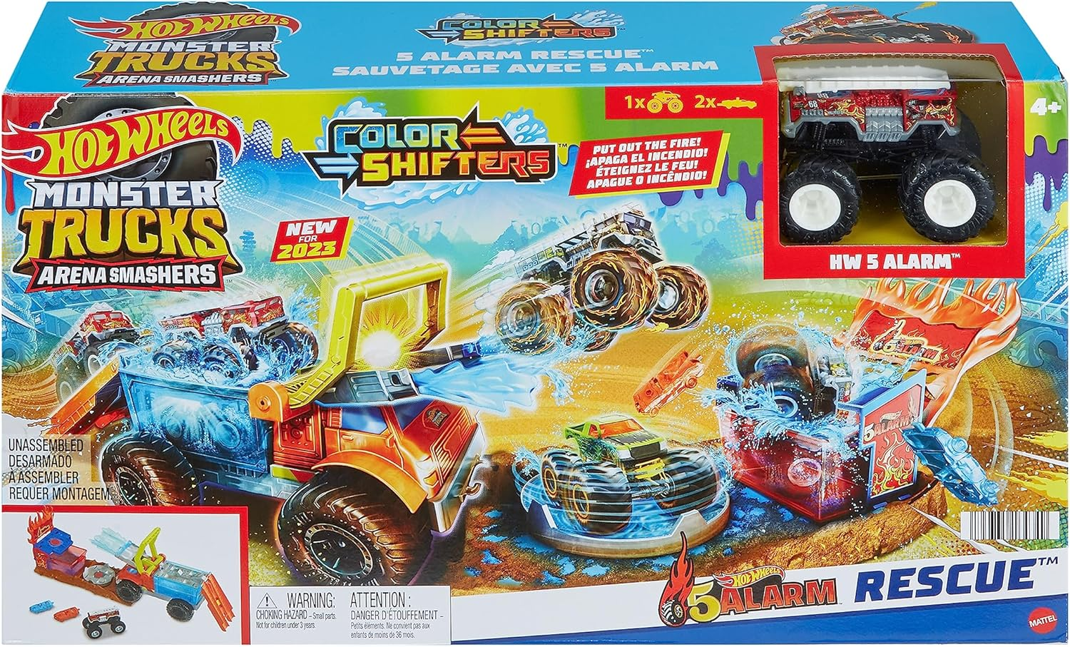 Hot Wheels Monster Trucks Arena Smashers Color Shifters 5-Alarm Rescue with 1 Color Shifter Monster Truck, 2 Crushable Cars and 1 Detachable Semi Rig image number 4