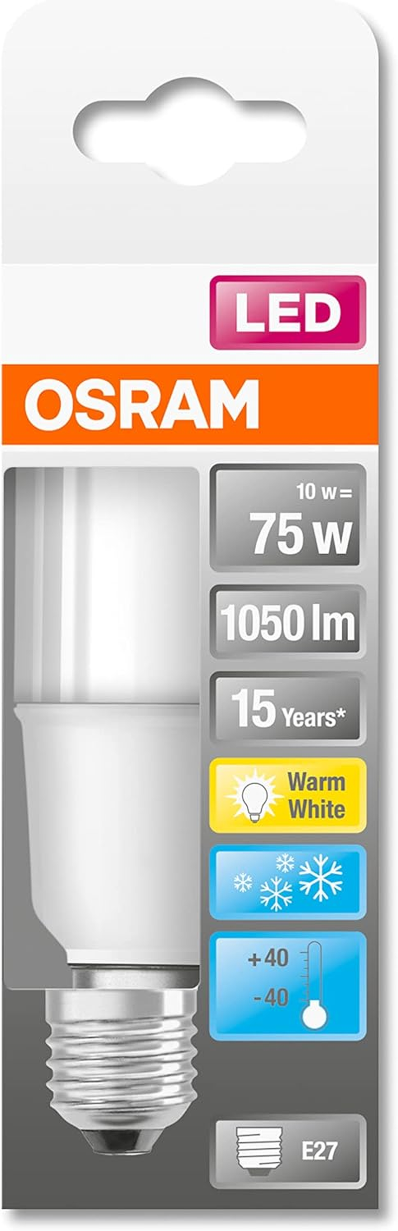 OSRAM LED Lamp with E27 Base, Warm White (2700K), Stick Shape, 10W, Replacement for 75W Bulb, Frosted, LED Star Stick, 6-Pack