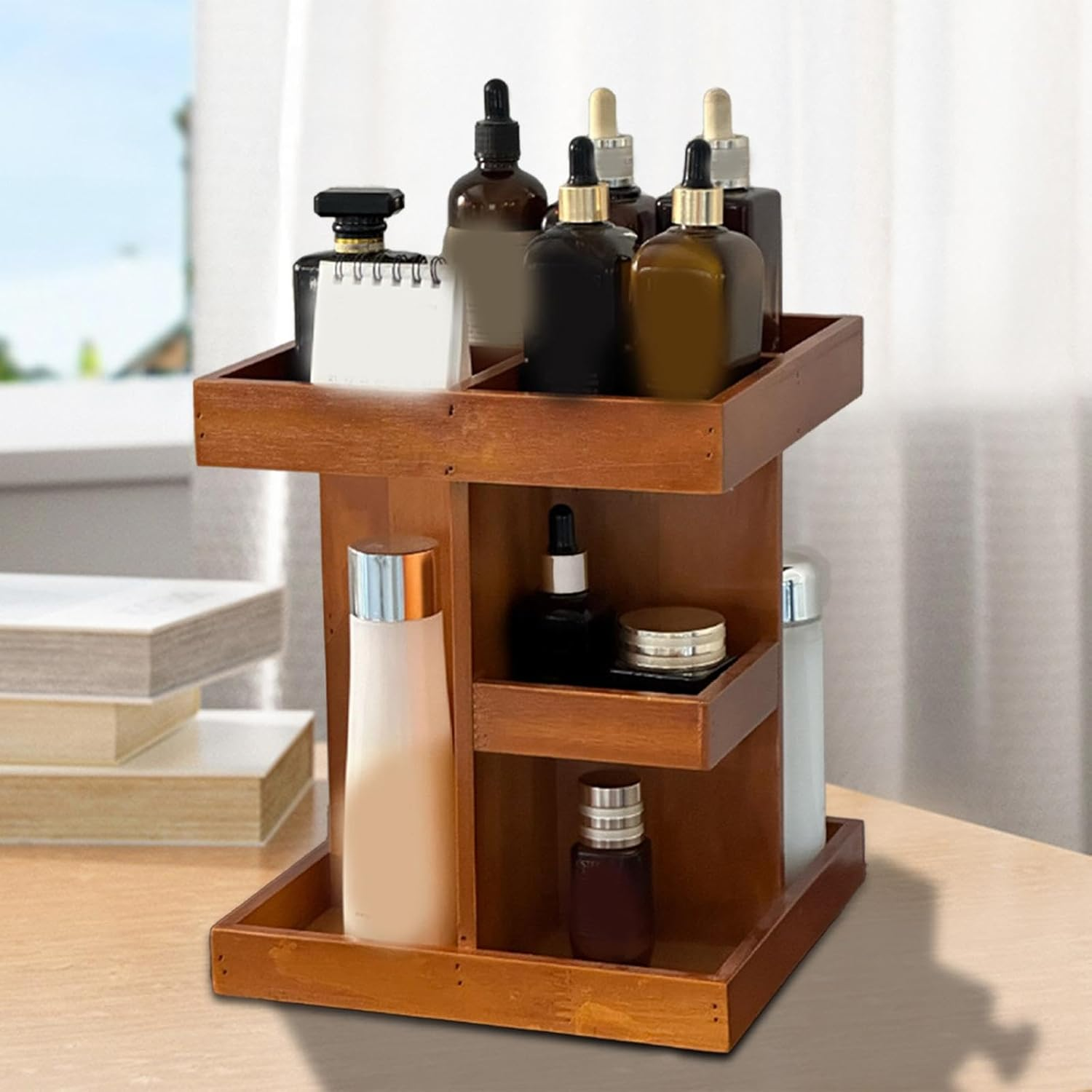 OIIBWQ 360 Rotating Makeup Organizer Wooden Makeup Holder Cosmetic Organizer for Vanity image number 4