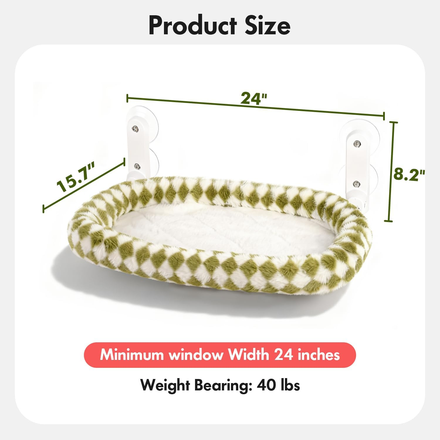 Zoratoo Cat Window Perch with Bolster, Cordless Foldable Cat Window Hammock with Strong Suction Cups & Metal Frame, Machine Washable Pet Bed for Indoor Cats (Green, Medium) - Gray image number 5