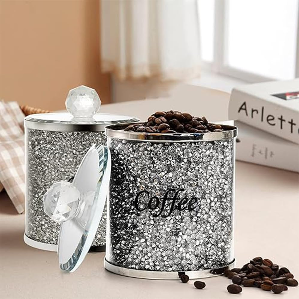 3 Pack Diamonds Canisters Set, Decorative Coffee Tea Sugar Canisters with Crushed Crystal Diamonds, Glass Food Storage Containers, Bling Jar for Kitchen Countertop Decor with Label & Lid image number 1