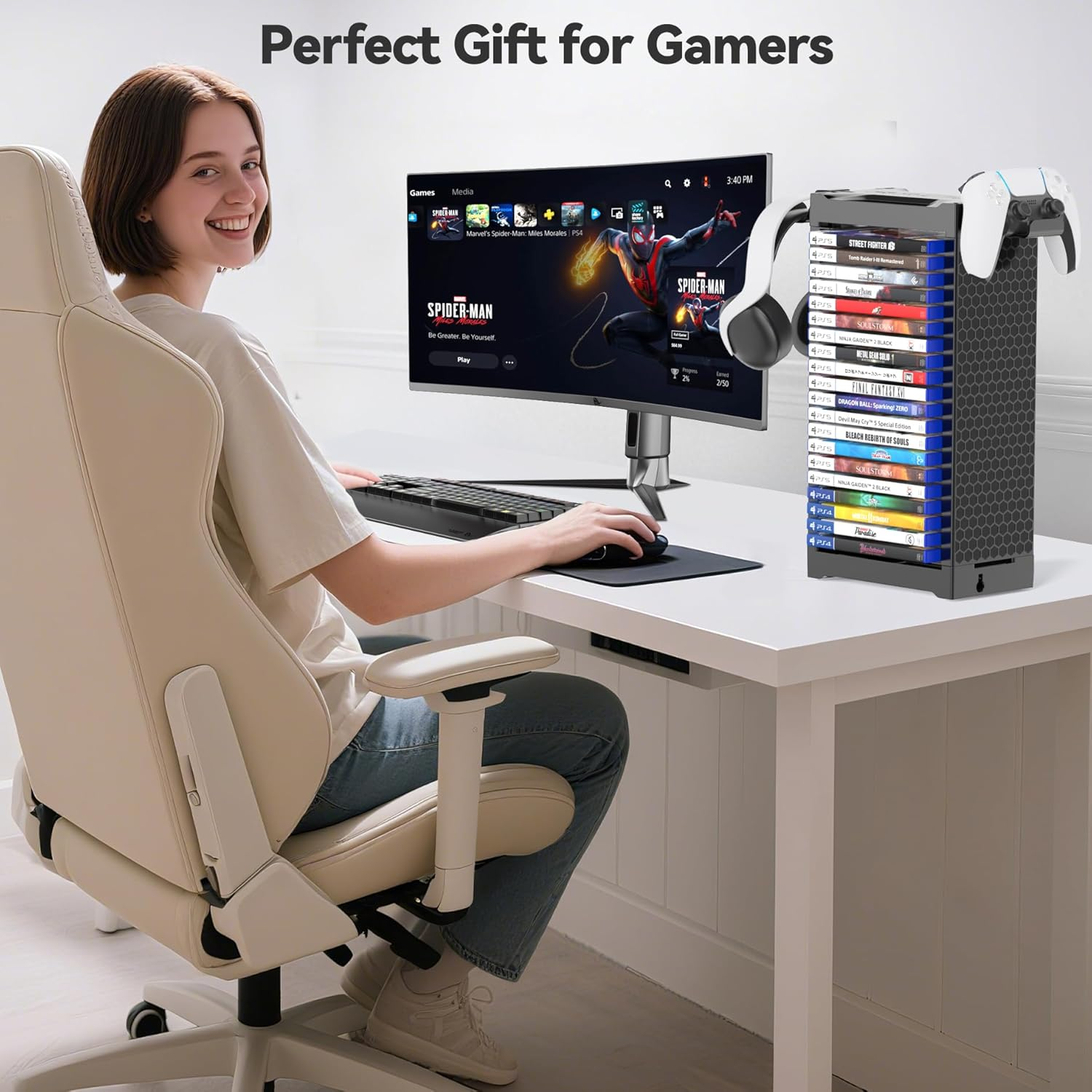 Kytok Video Game Storage Stand Tower with Controller Holder, Wall Mount Game Disc Case Organizer Compatible with PS5 PS4 Nintendo Switch Xbox Series/One, Vertical & Horizontal Stand for 20 Gaming Disc image number 3