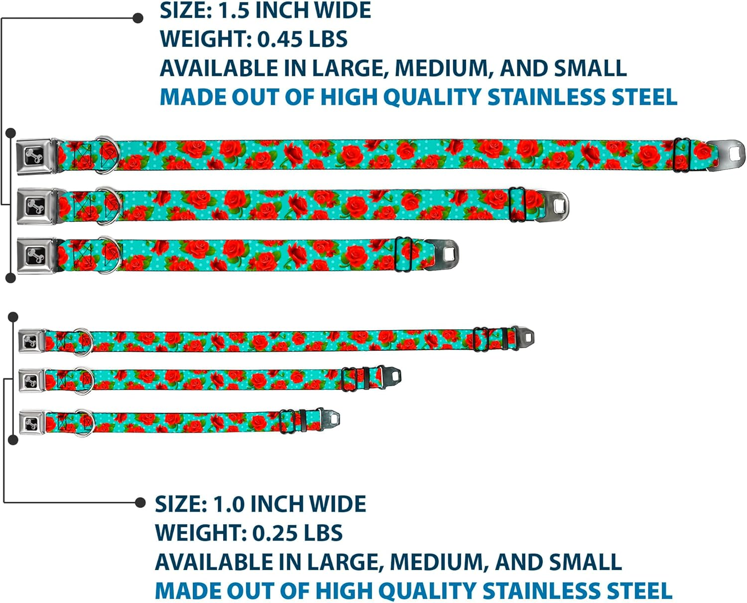 Buckle-Down Seatbelt Buckle Dog Collar - Red Roses/Polka Dots Turquoise - 1" Wide - Fits 11-17" Neck - Medium image number 5