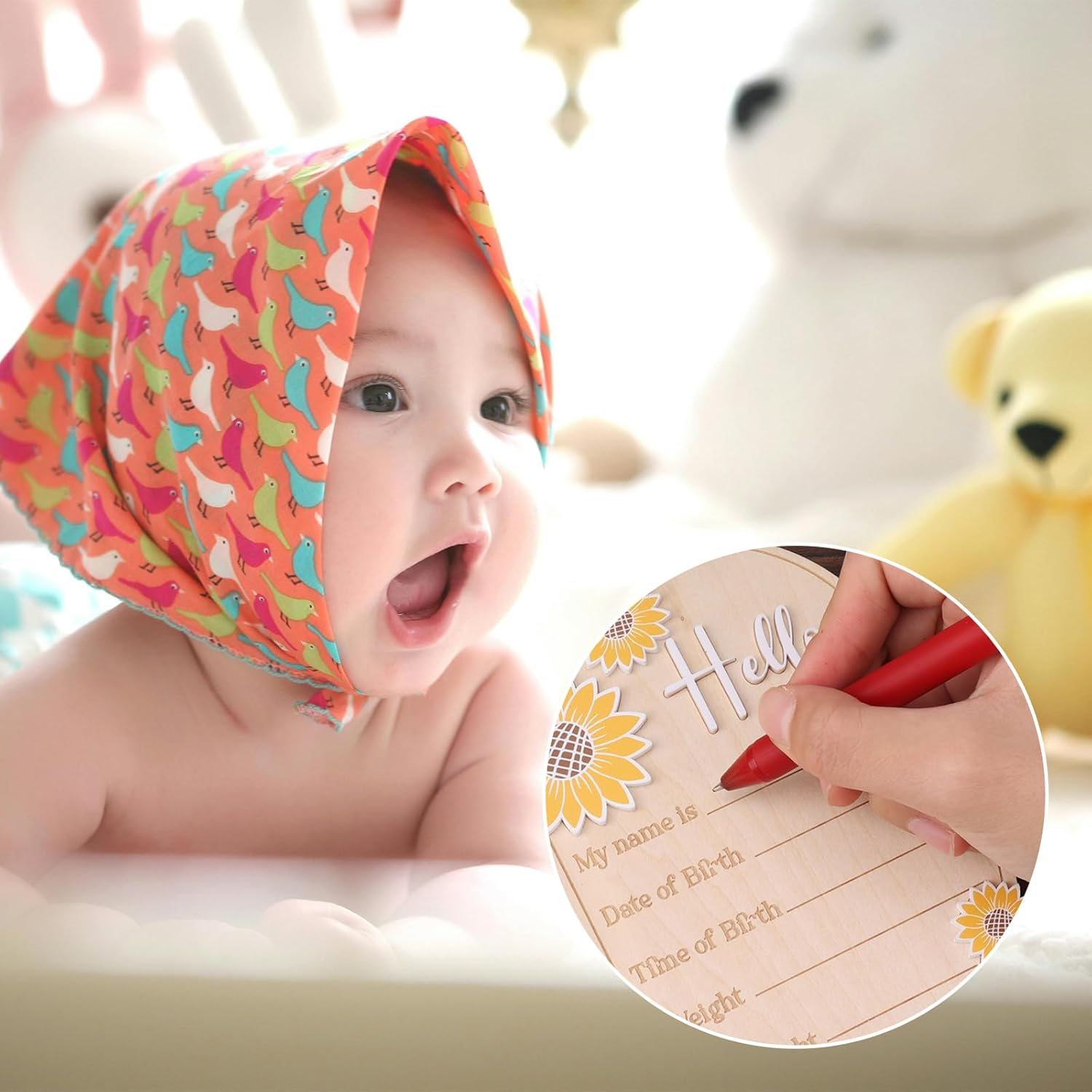 Baby Announcement Sign, 5.9In Newborn Announcement Sign, Oval Sunflower Hello World Sign, Wooden Welcome Birth Baby Name Board Plaques for Boys Girls, Photo Props Baby Shower Hospital Nursery image number 1