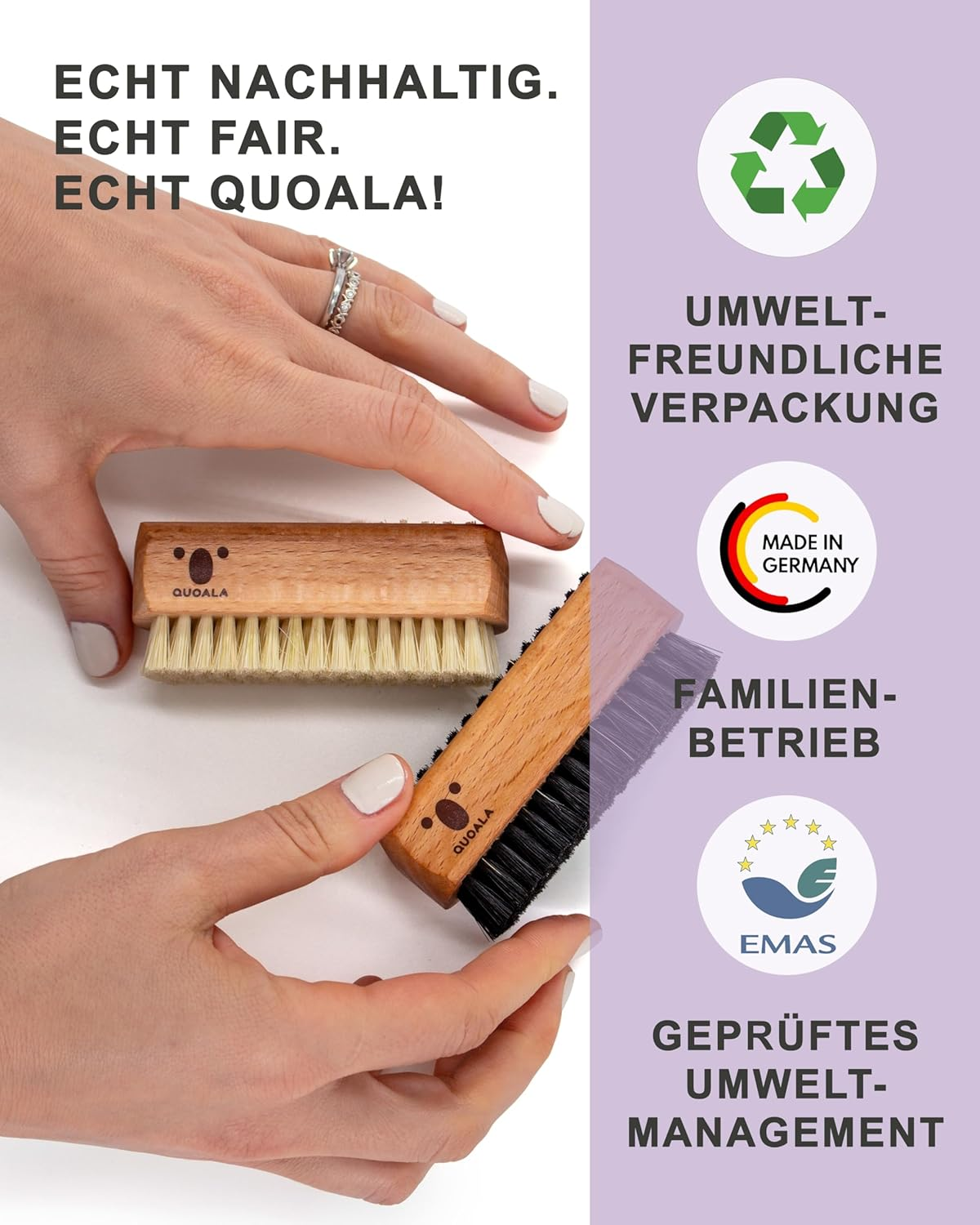 QUOALA Double-Sided Hand & Nail Brush Made of FSC Beech Wood with - for Deep Cleaning, Manicure, Pedicure - Environmentally Friendly, Ergonomic - Made in Germany by QUOALA (Sisal Bristles/Vegan) image number 4
