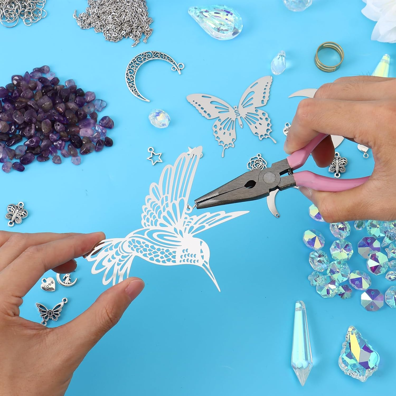 ASTNIC 400Pcs Crystal Suncatchers Making Kits,Diy Sun Catchers Making Supplies Kit Silver Butterfly Hummingbird Hanging Prism Ornament Crystal Ball Rainbow Maker for Window Home Garden Christmas Decor image number 4