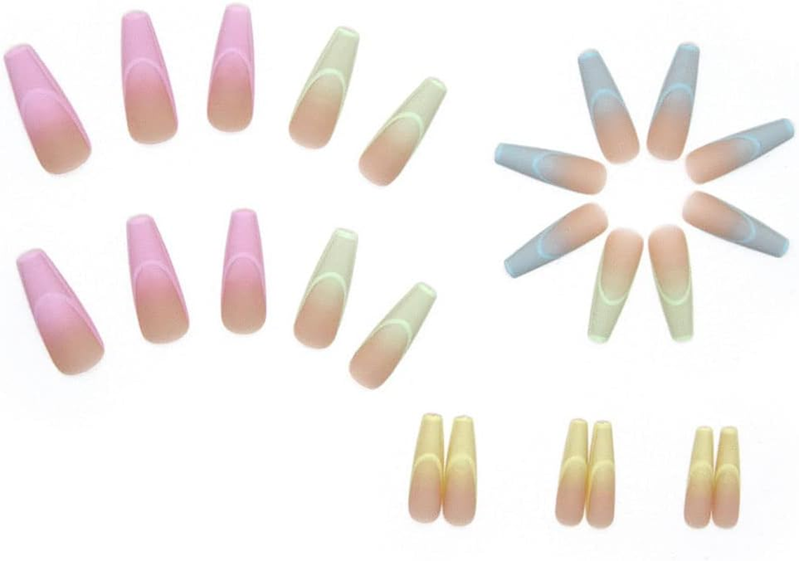 24PCS Cute Press on Nails Rainbow Coffin Fake Nails Full Cover False Nails Colorful Ballerina Nails Tips Acrylic Manicure with Glue for Women and Girls - Rainbow image number 3