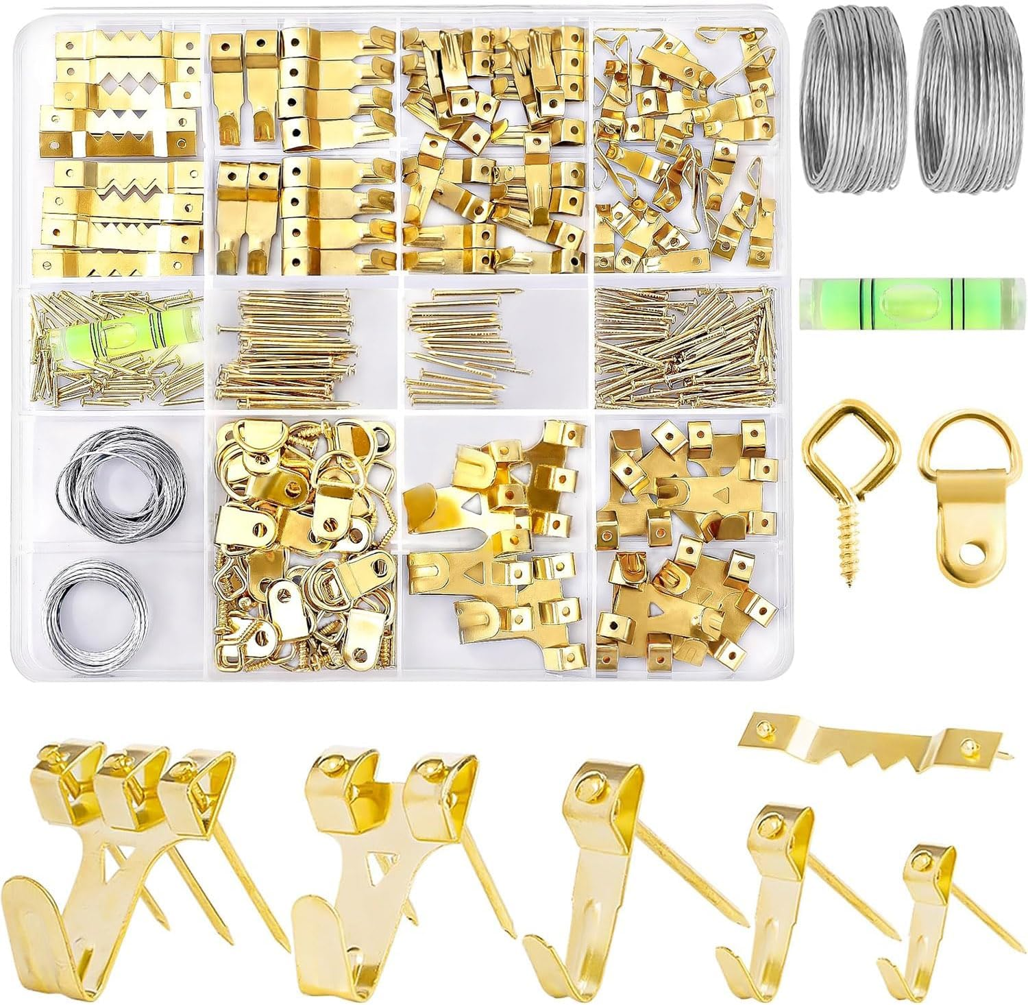 303 Pieces Picture Hanging Kit, Gold Metal Hooks and Nailswith Heavy Duty Picture Hanging Hooks/Hardware Nails/Sawtooth/Wire/D Rings/Level,Professional Wall Mount Hardware Set image number 2