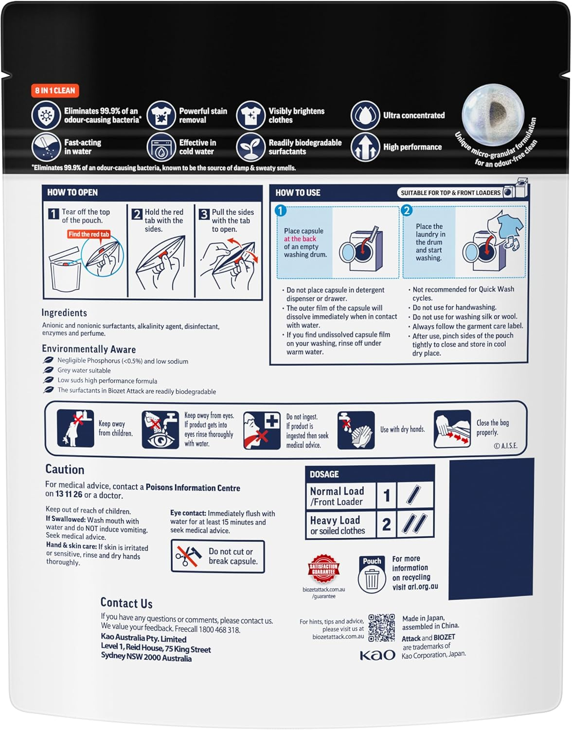 Biozet Attack Power Laundry Capsules plus Eliminator 8 in 1 Clean 30 Pack