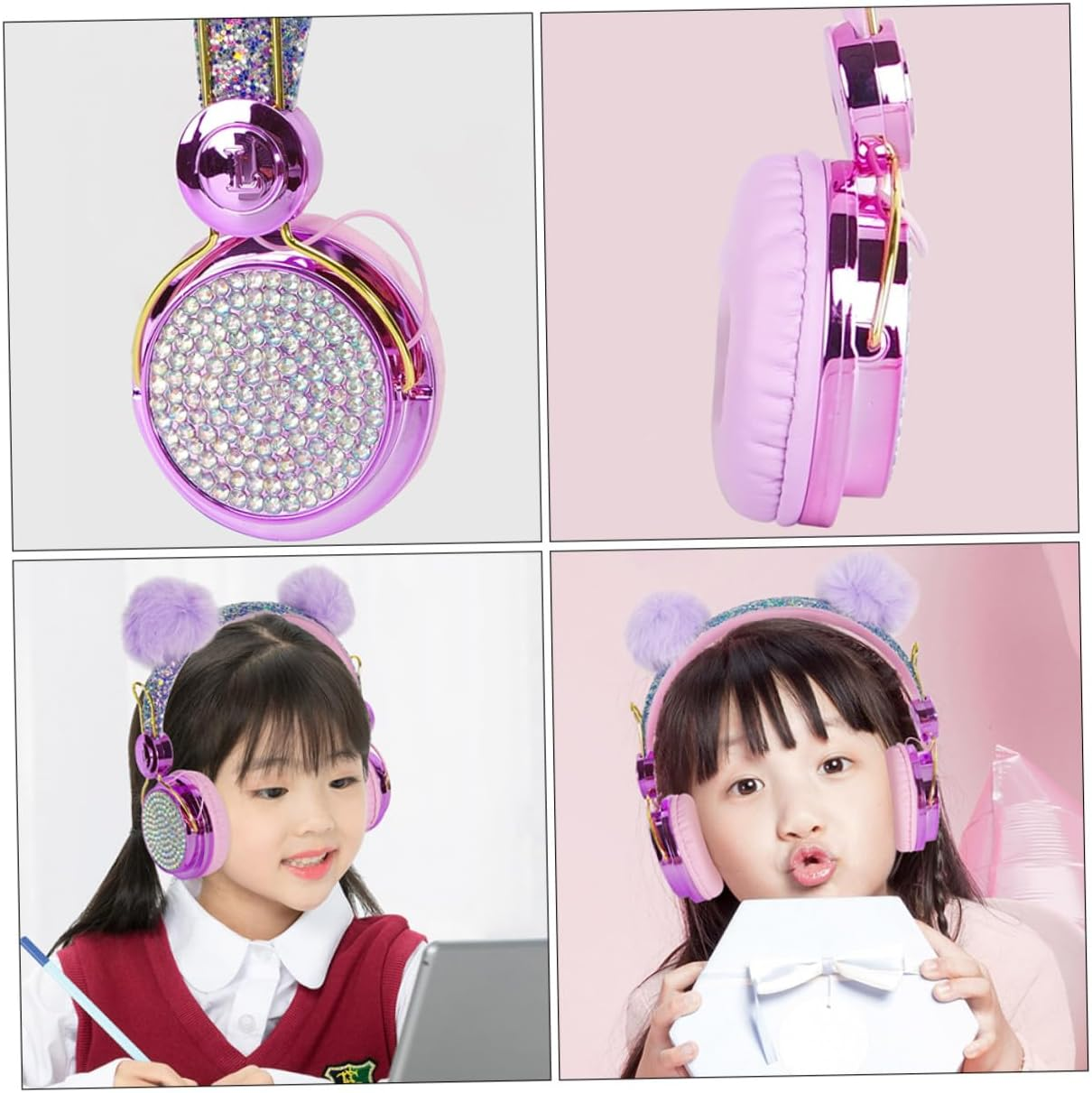 Gadpiparty -Ear Headphones for Kids with Mic, Wired Children Headset for School and Computer Use, Rhinestone Glitter Purple Unicorn Design with Furry Pom-Pom, Girls Earphones Random Color image number 5