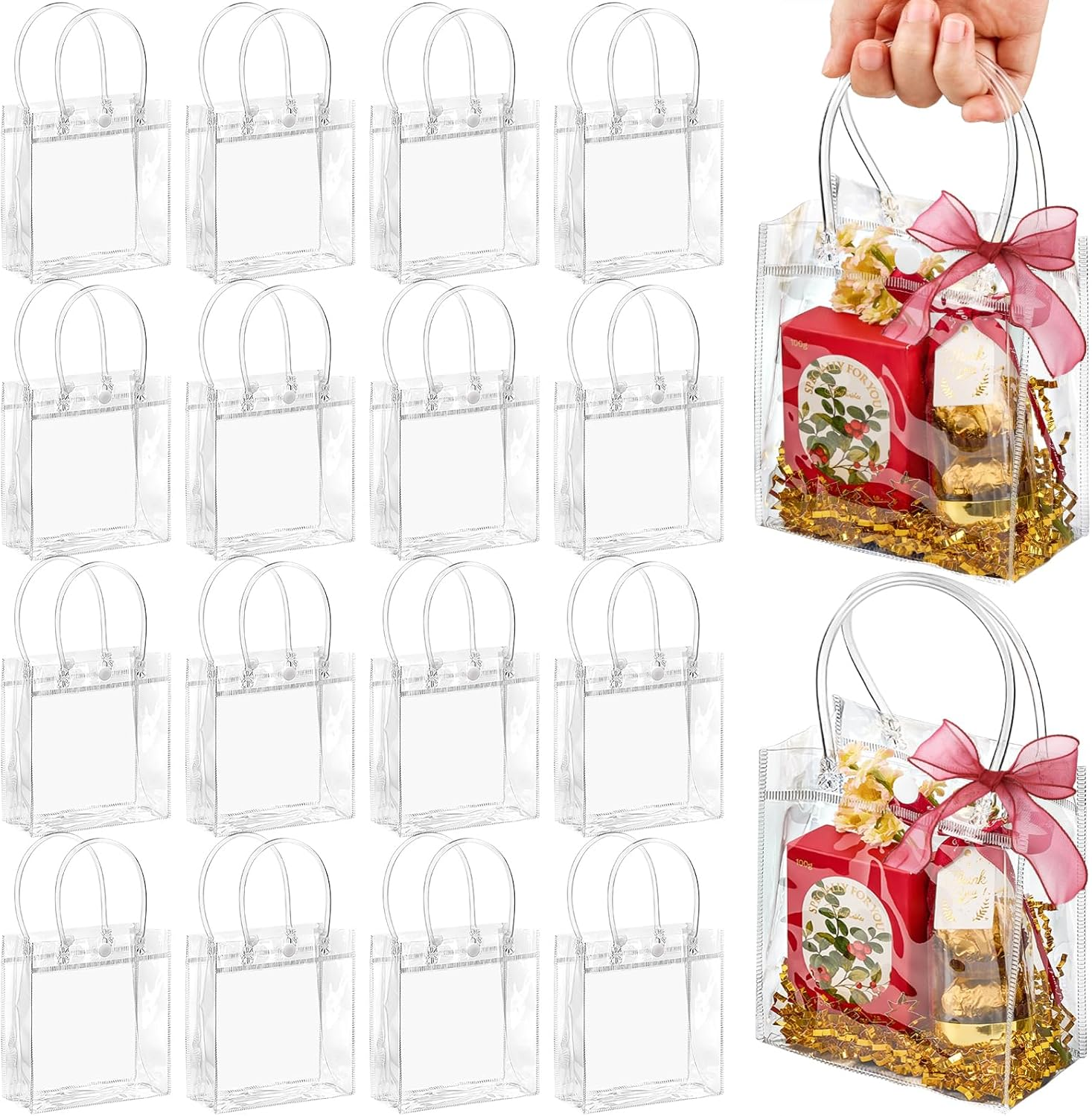 16 Pack Clear Plastic Gift Bags with Handles, 5.9" X 6.3" X 2.8" Reusable Transparent Party Favor Bags PVC Goodie Bags Bulk for Wedding, Baby Shower, Birthday