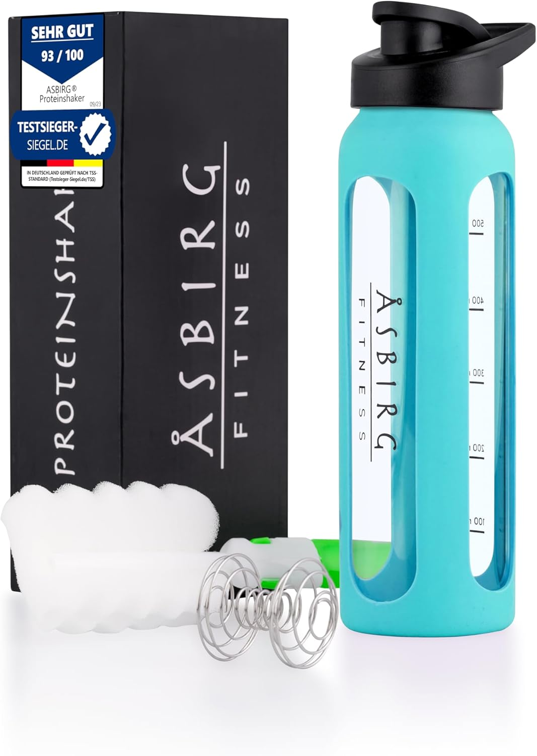 Asbirg Glass Protein Shaker 700 Ml - Bpa-Free, Leak-Proof & Robust - Protein Shaker with Borosilicate Glass Mixball - Drinking Bottle for Fitness & Sports | Aqua Blue