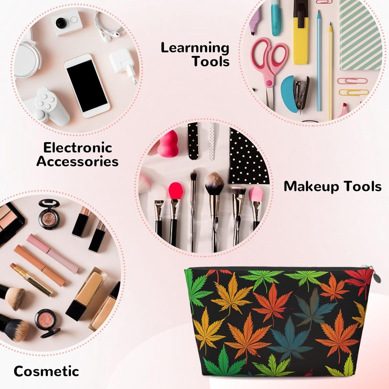 SDTYKHJ Large Capacity Makeup Bag for Women, Waterproof Portable Shaving Bag, Small Toiletry Bag, Colorful Cannabis Leaves, Leather Cosmetic Organizer Bags for Travel, Siliver, One Size image number 4
