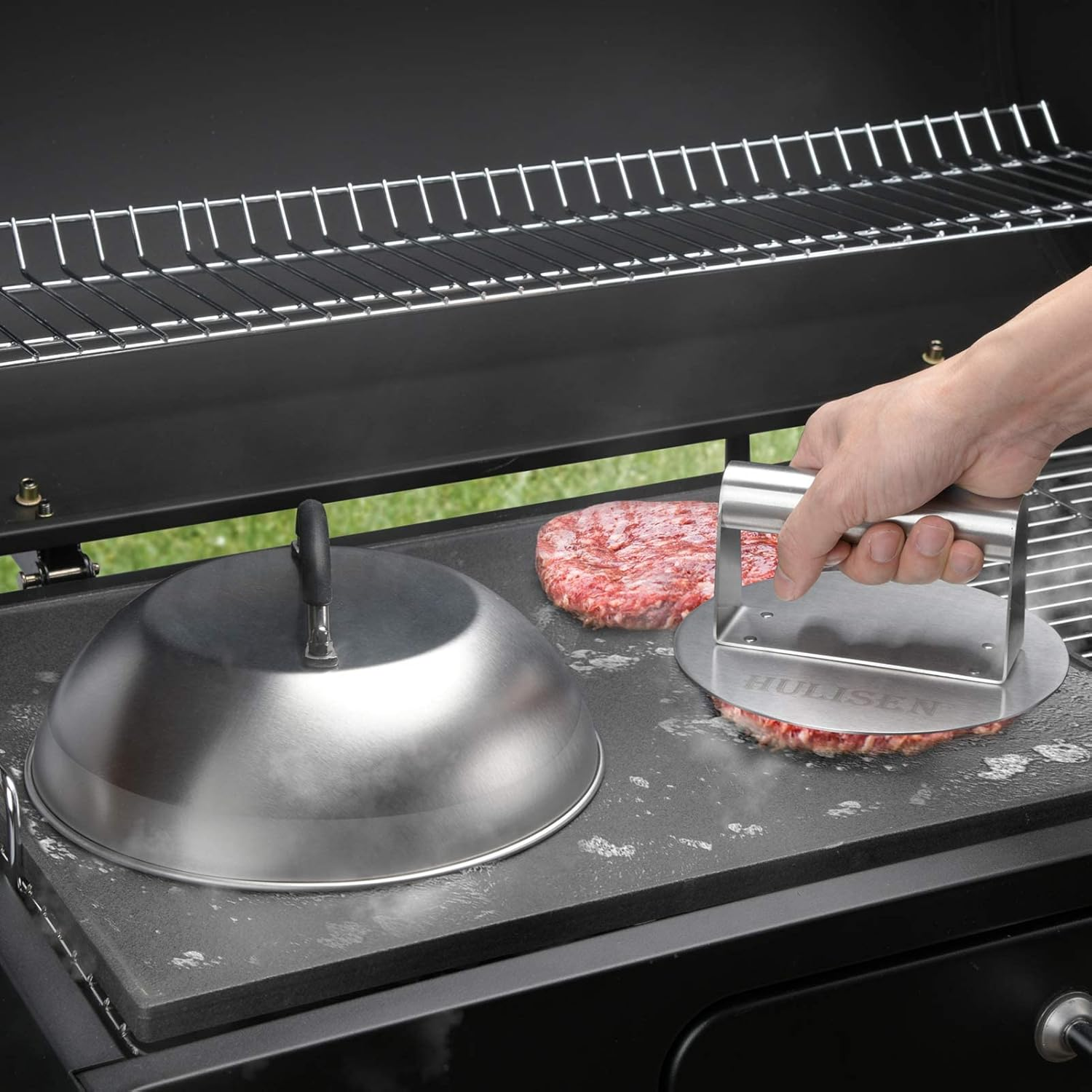 HULISEN Cheese Melting Dome & Smashed Burger Press, 6.2" Grill Press with 9" Basting Cover, Stainless Steel Burger Smasher, Griddle Accessories Kit for Flat Top Grill Cooking Indoor/Outdoor image number 3