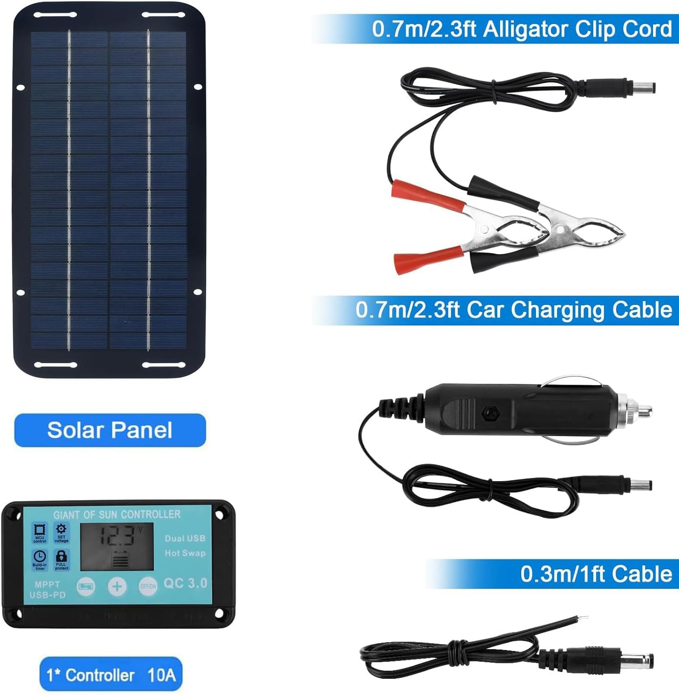 Solar Panel Kit, 30W 12V Solar Panel Charge Kit with 10A Solar Charge Controller Polycrystalline Silicon Solar Panel Starter Kit for 12V Car RV Boat Marine Trailer