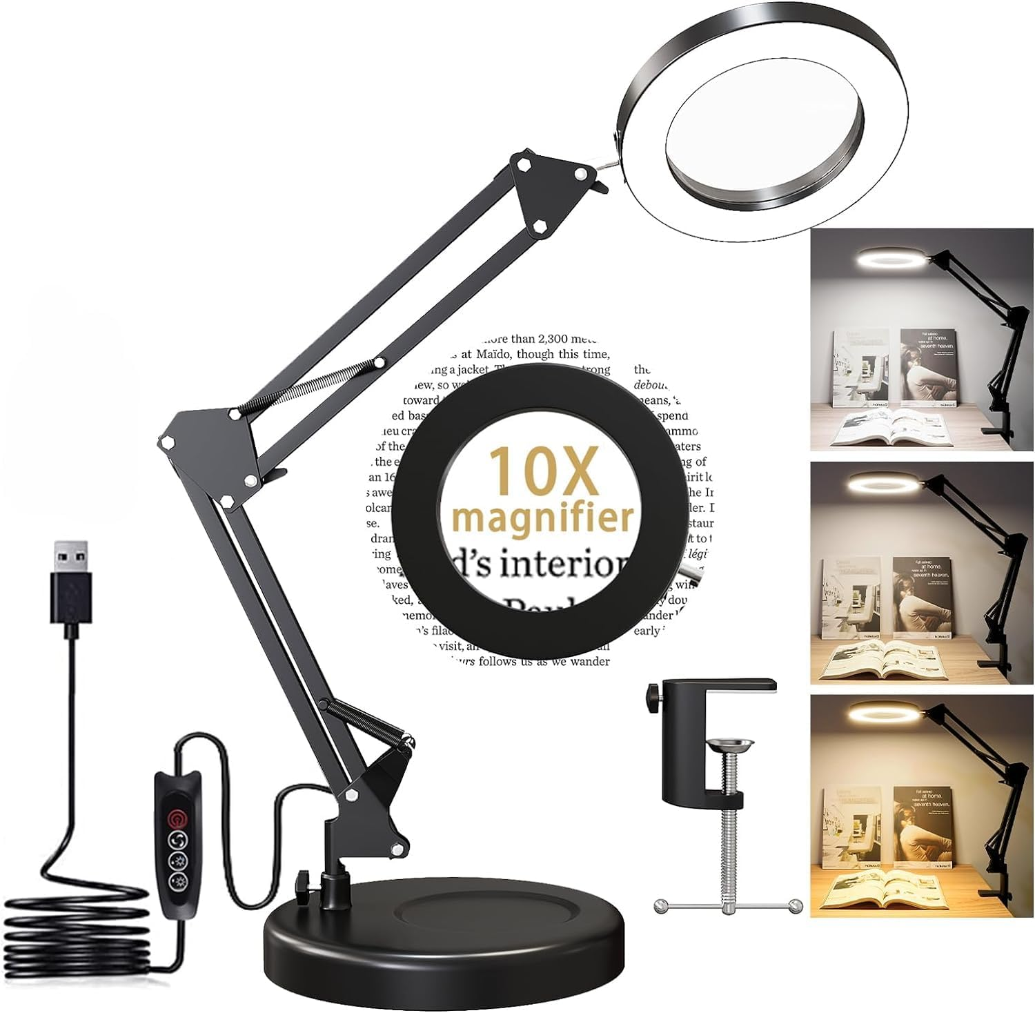 10X Magnifying Glass with Light and Stand, Magnifying Led Desk Lamp, Adjustable Color and Brightness Reading Light Ring Light for Repair, Crafts, Soldering (Black, round Base & Clamp)