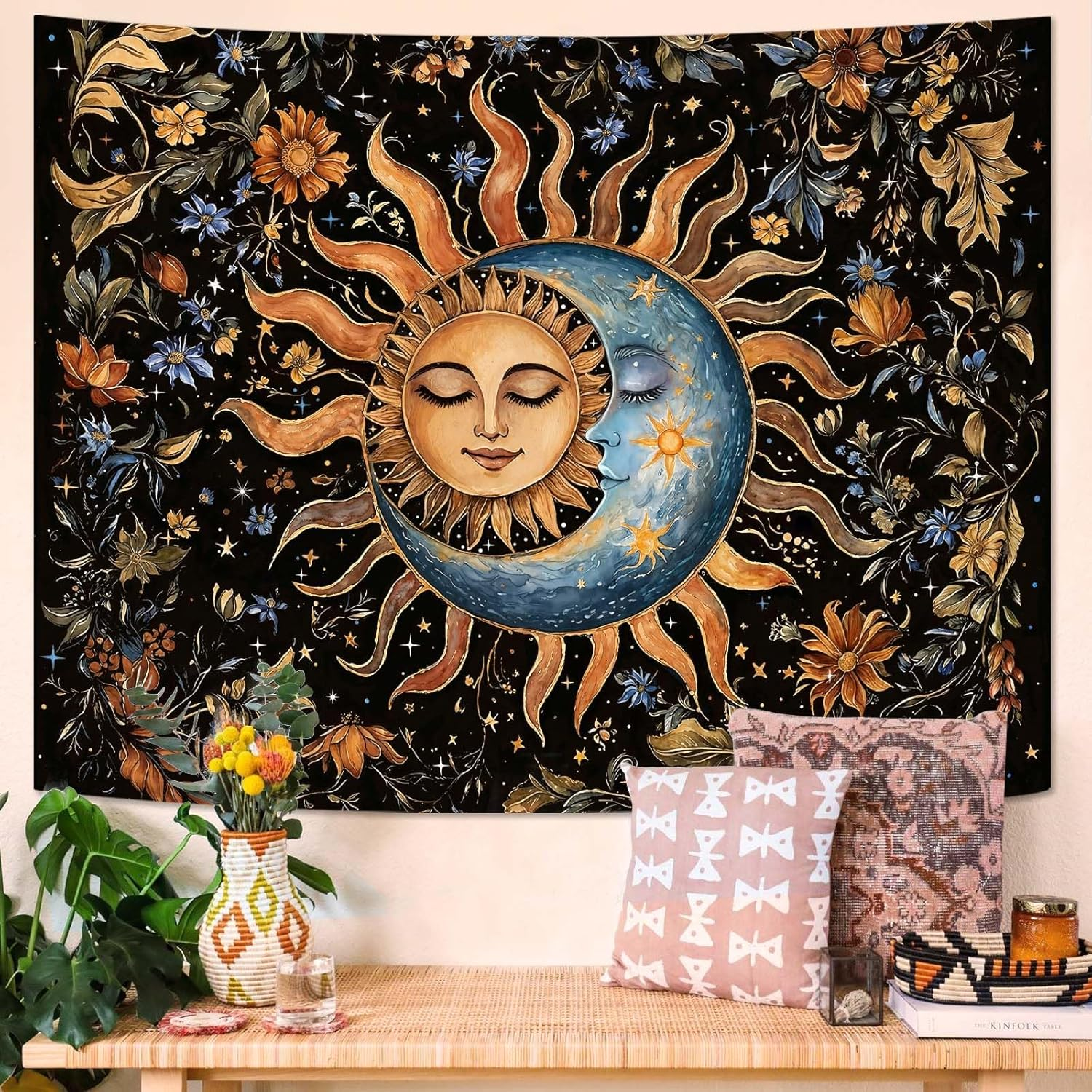 Aipon Sun and Moon Tapestry for Bedroom Boho Vintage Floral Hippie Wall Tapestry Aesthetic Retro Flower Plant Small Tapestries Wall Hanging for Living Room Dorm Decor 60 X 44 Inch image number 3