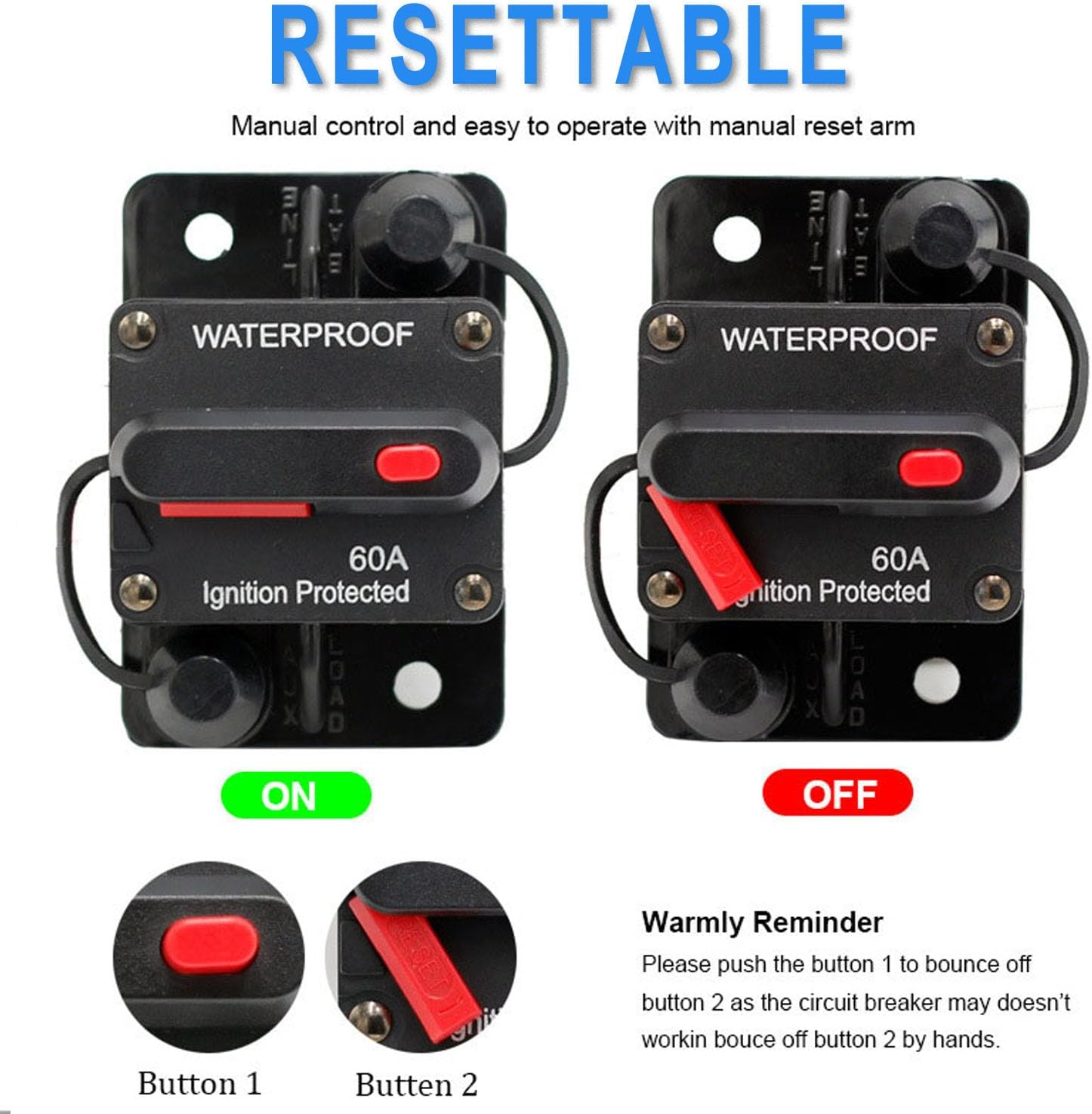 BEANPRECOY Circuit Breaker with Manual Reset 12V-48V DC Waterproof Audio Inline Fuse Holder Inverter for Car, Motor, Marine Boat, Solar Power image number 5