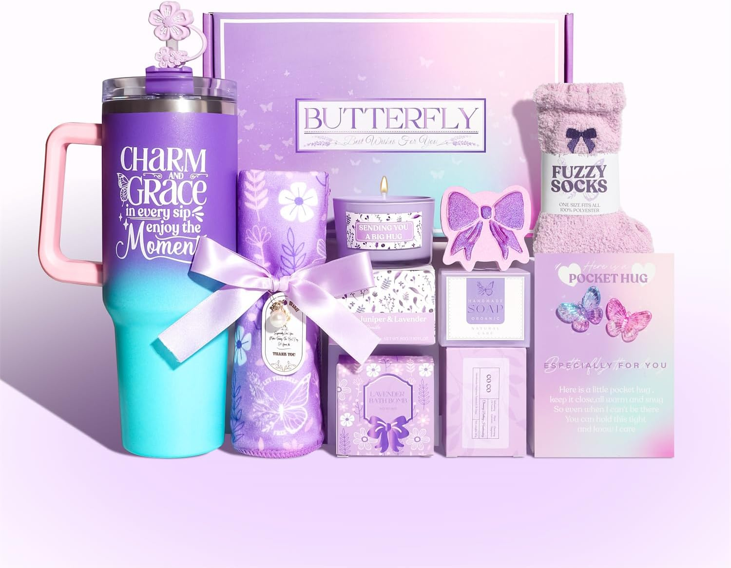 Birthday Gifts for Women - Purple Spa Gift Box Set with 40Oz Tumbler, Lavender Candle, Bath Accessories - Ideal for Mum, Best Friend, Girlfriend, Wife(Purple)