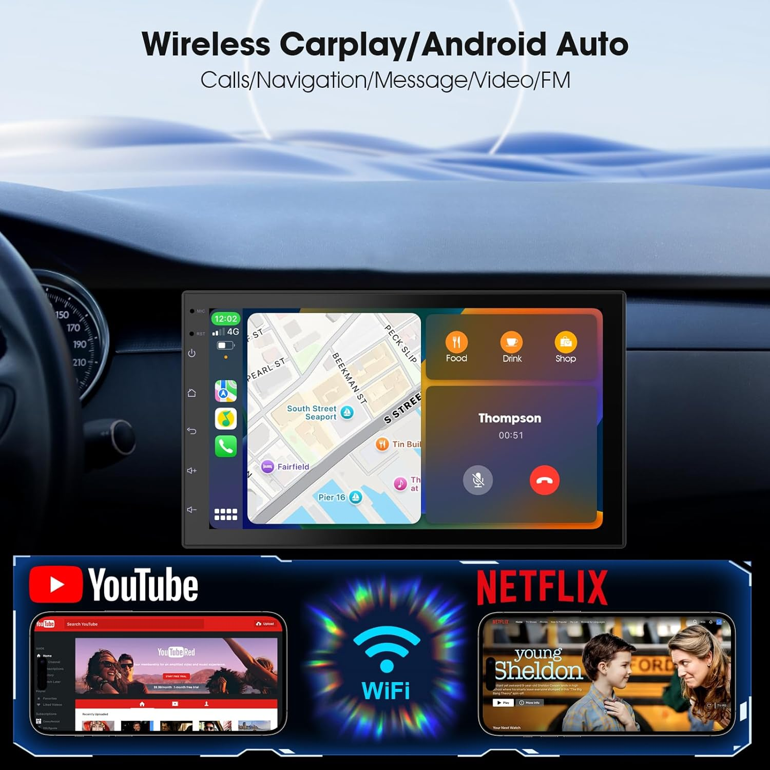 Wireless Carplay Screen for Car & Android Auto Head Unit - Touchscreen 7 Inch Double Din Car Stereo with Backup Camera for All Cars (2+32GB NO Camera) image number 3