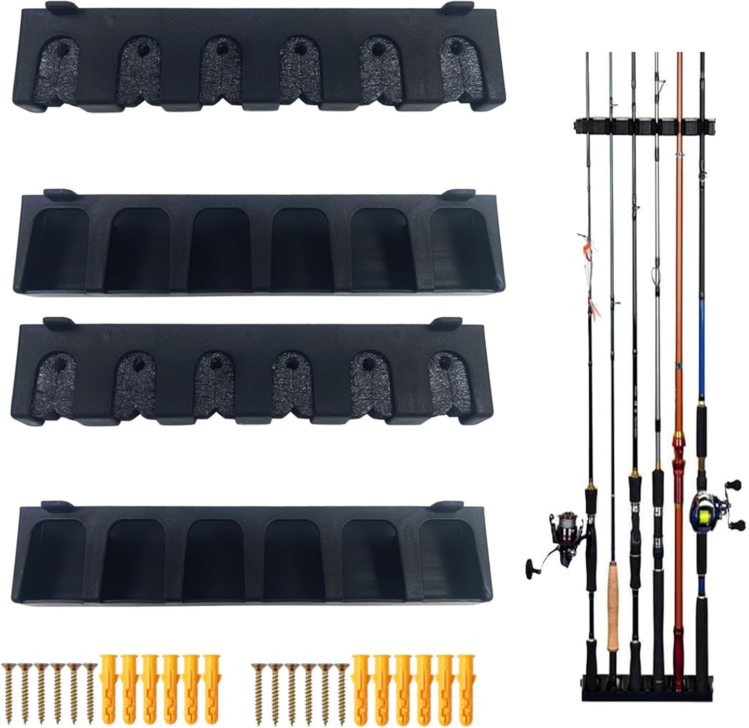 2 Set Vertical Fishing Rod Holders - Wall Mounted Storage with 6 Holders/Ea - Pole Organizer Tackle Racks for Room Boats - Installation Accessories Included image number 2