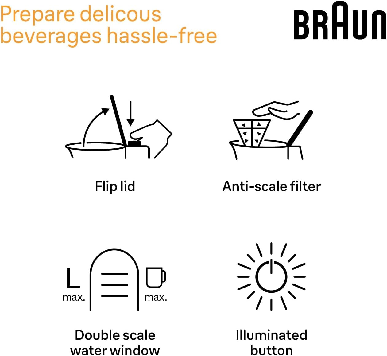 Braun Household Purshine WK1500BK, Electric Kettle with 360&deg; Rotating Base, Water Level Indicator, Cable Storage, Auto Shut-Off Function, 1.7L Capacity, 2200W, Black - White image number 3