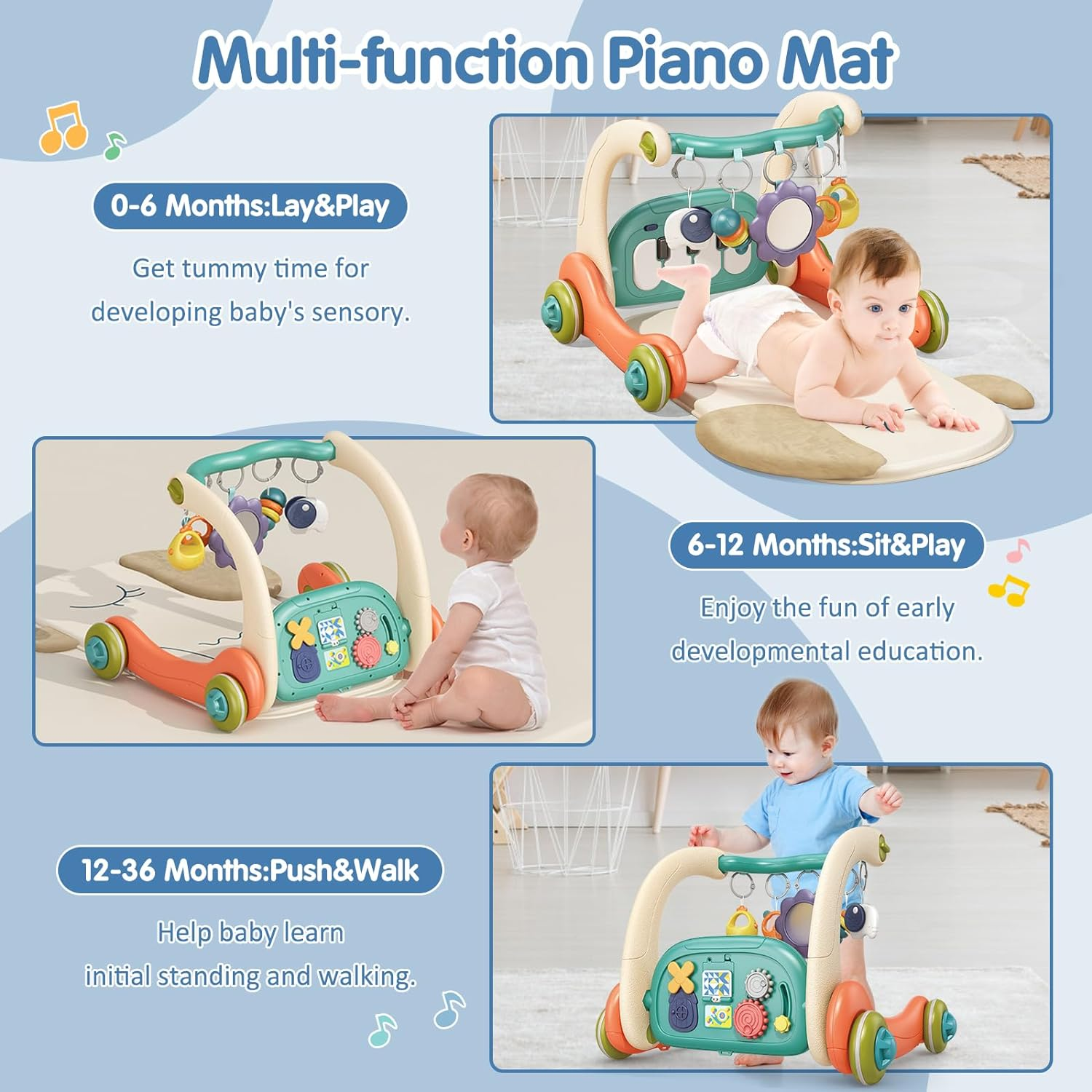 REMOKING Baby Gym Play Mat & Learning Walker, Musical Activity Center with Piano Board & Rattles for Infants 0-12 Months, Toddler Push Walker & Tummy Time Mat image number 1