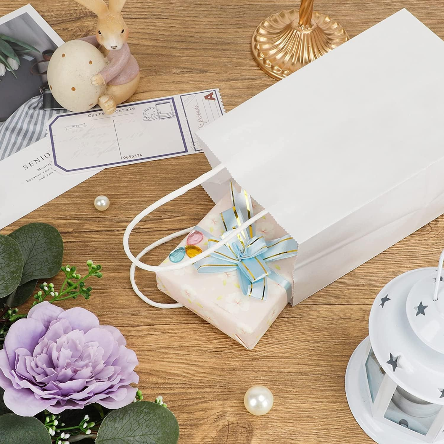 50 Pcs White Kraft Paper Bags with Handles,21 X 11 X 27Cm Gift Bag Kraft Paper Party Gift Bag,Small Gift Bags Eco-Friendly Kraft Bags for Gifts,Business, Shopping, Retail Merchandise Bags