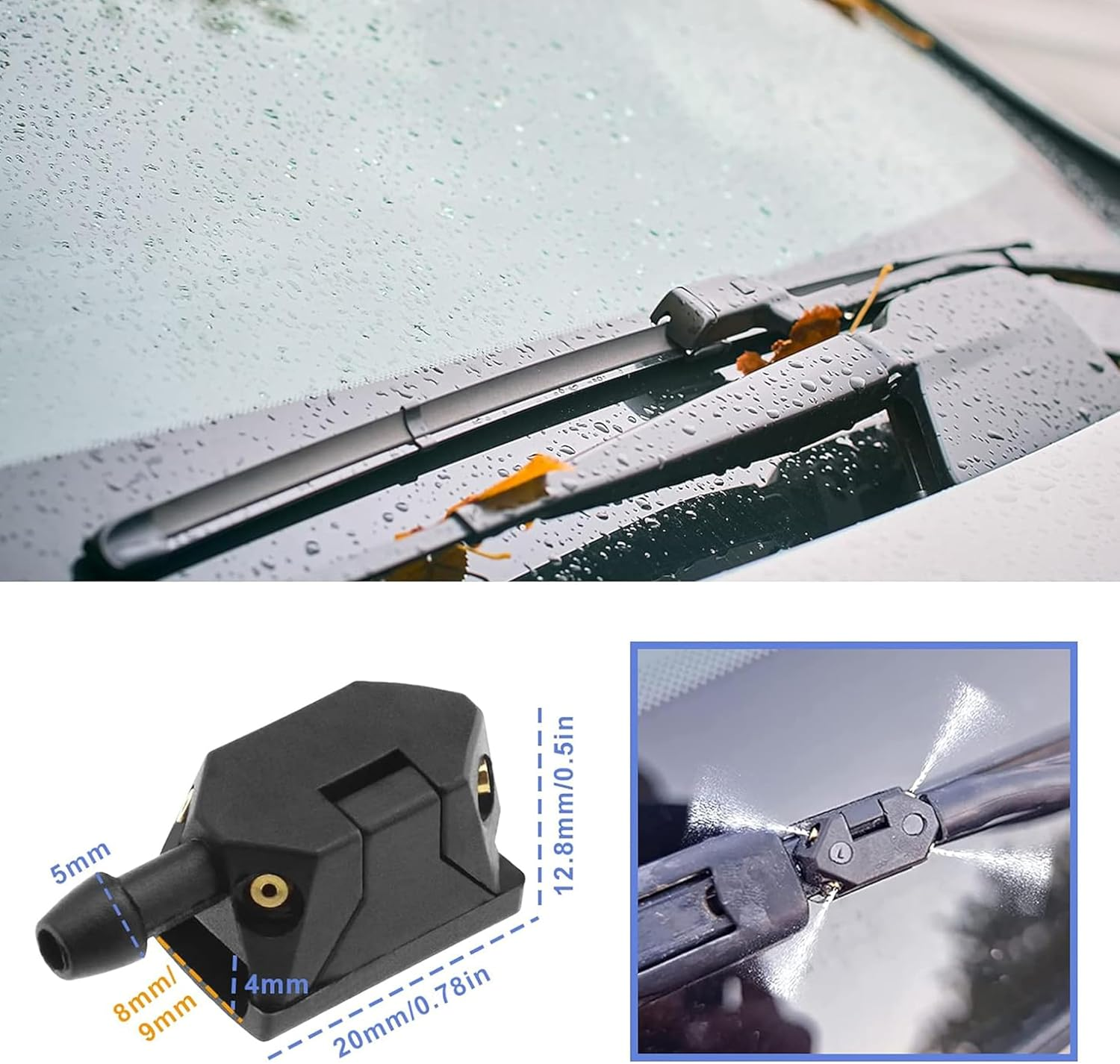 Universal Car Windshield Washer Nozzles, 4-Hole Design, 8-9Mm Wiper Arm Compatible, Adjustable Jets (2) image number 3
