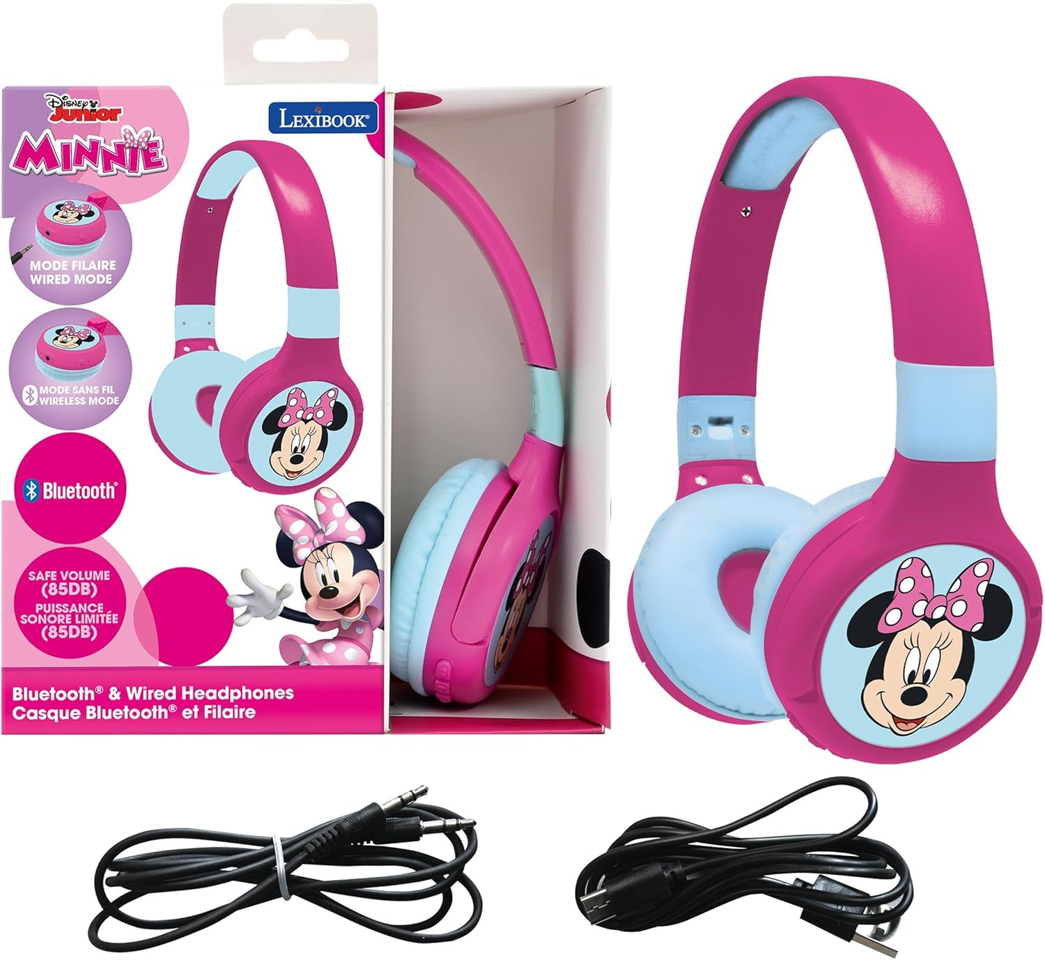 LEXIBOOK Minnie, 2-In-1 Bluetooth Headphones for Kids, Stereo, Wireless, Wired, Kids Safe, Foldable, Adjustable, Pink/Blue, HPBT010MNLXB image number 1