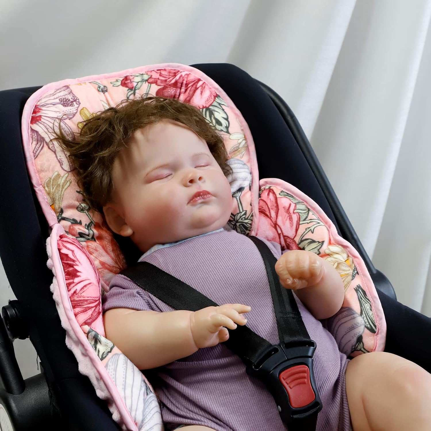 Pink Infant Car Seat Body Support Pillow,2-In-1 Reversible Carseat Insert,Soft Cushion for Swing, Bouncer,Flowers image number 4