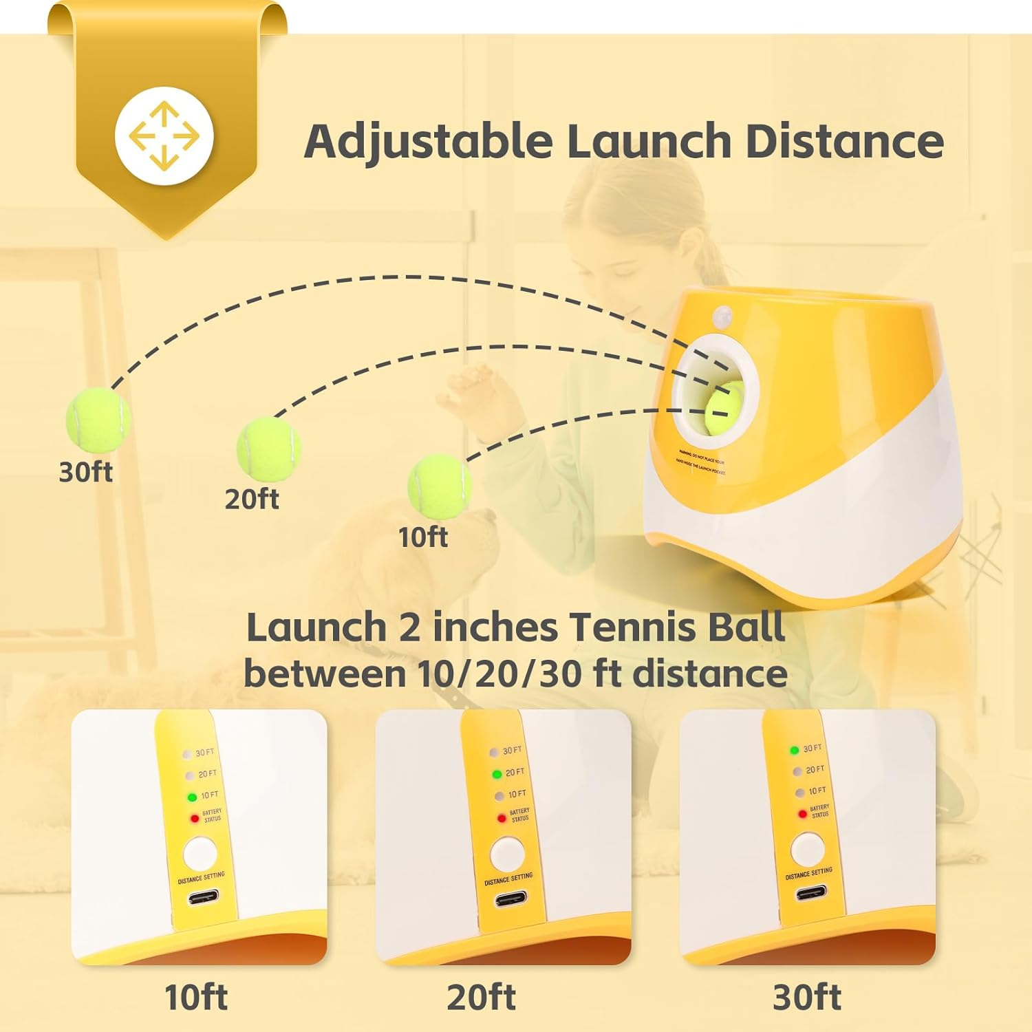 Dog Ball Thrower, Rechargeable Dog Ball Launcher, 3 Modes Interactive Thrower for Indoor & Outdoor, Suitable for Small & Medium Dogs, Yellow (3 Tennis Balls Included) image number 1