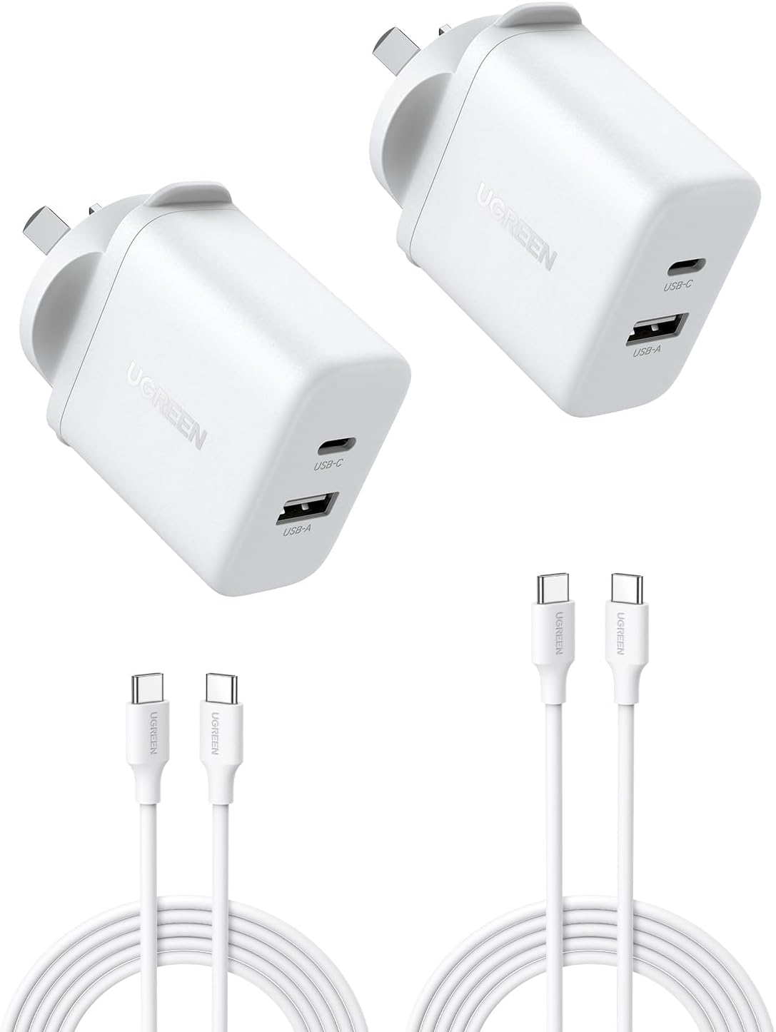 UGREEN Iphone 17 Pro Max Charger, USB C Charger Block, 2-Pack 20W AU Wall Plug, 2-Ports PD Fast Charging Adapter for 16 Pro Max/15 /Ipad, Galaxy S25 Ultra, Pixel 10, with 2 Pack 1.5M 60W USB-C Cable
