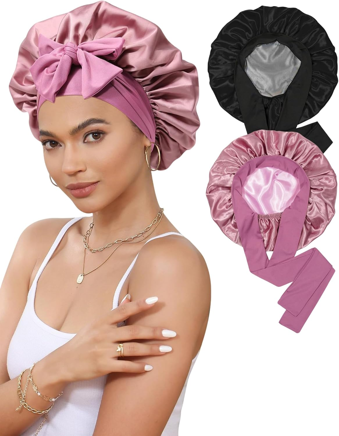 HAYAHARU 2 Pcs Silk Bonnet for Sleeping, Women Satin Bonnet, Silk Sleep Cap Double Layer Hair Hat with Tie Band, Elastic Wide Band Sleep Cap for Natural Curly Braids Hair