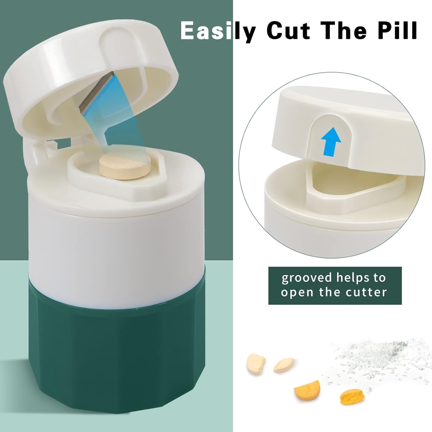 Pill Cutter,Pill Crusher Splitter Grinder,[3 in 1] Multifunction Pill Splitter for Purse Pocket to Crushes Pills, Vitamins, Tablets, Supplements-Green 2 PCS