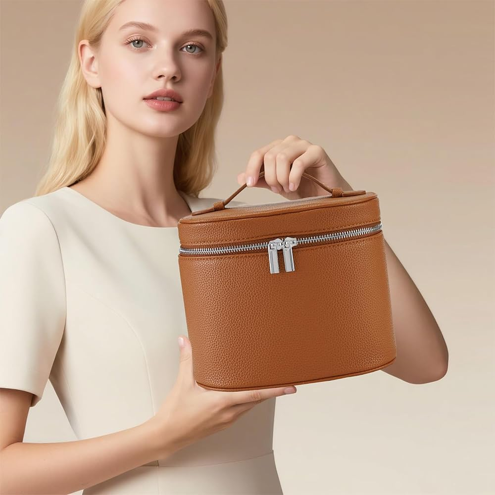 Makeup Bag with Handle &ndash; Travel Cosmetic Organizer Case with Compartments, Portable Toiletry Bag for Women, Compact Makeup Storage Pouch (Brown) image number 6