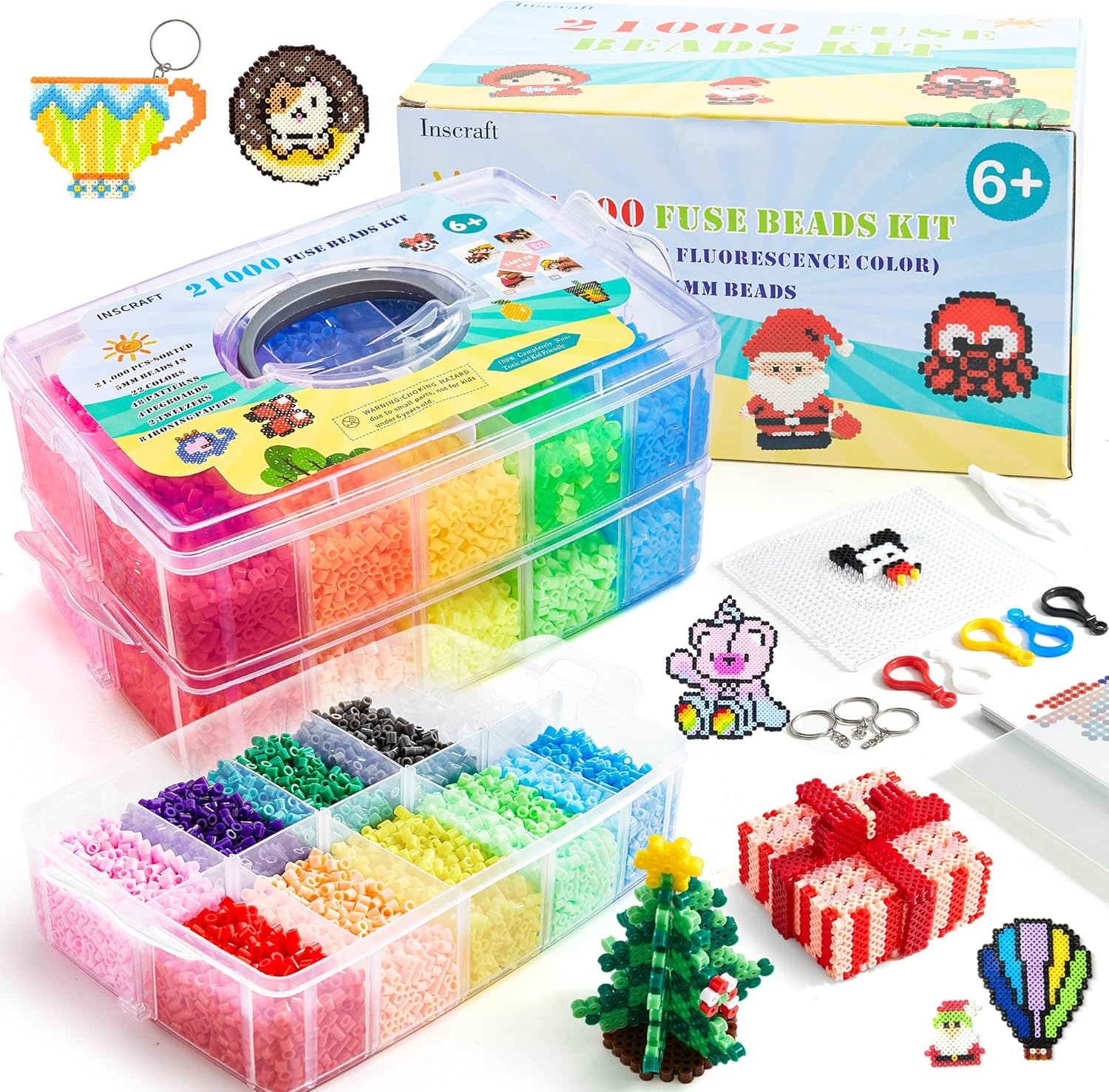 INSCRAFT Fuse Beads, 21,000 Pcs Fuse Beads Kit 22 Colors 5MM for Kids, Including 8 Ironing Paper,48 Patterns, 4 Pegboards, Tweezers, Beads Compatible Kit image number 6