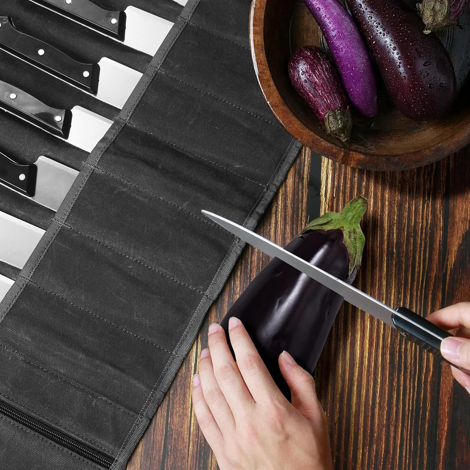 Chef'S Knife Roll Bag - Heavy Duty Waxed Canvas with 11 Slots (10+1 Zipper Pocket), Portable Kitchen Knives Bag for Home/Camping, Waterproof & Shoulder Strap Included (Black) - Black image number 6