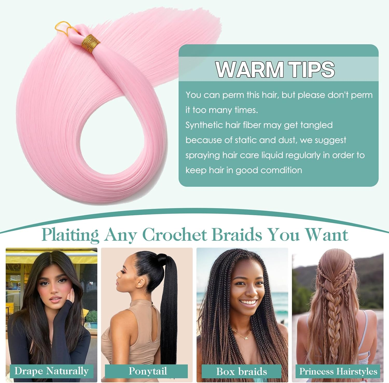 Locescsoc 28 Inch Straight Hair Extensions 150 G 3 Packs Bone Straight Braiding Hair, Soft Synthetic Bundles Crochet Braids Hair Bundles for Braiding (Pink1#, 28 Inch 3 Packs) image number 4