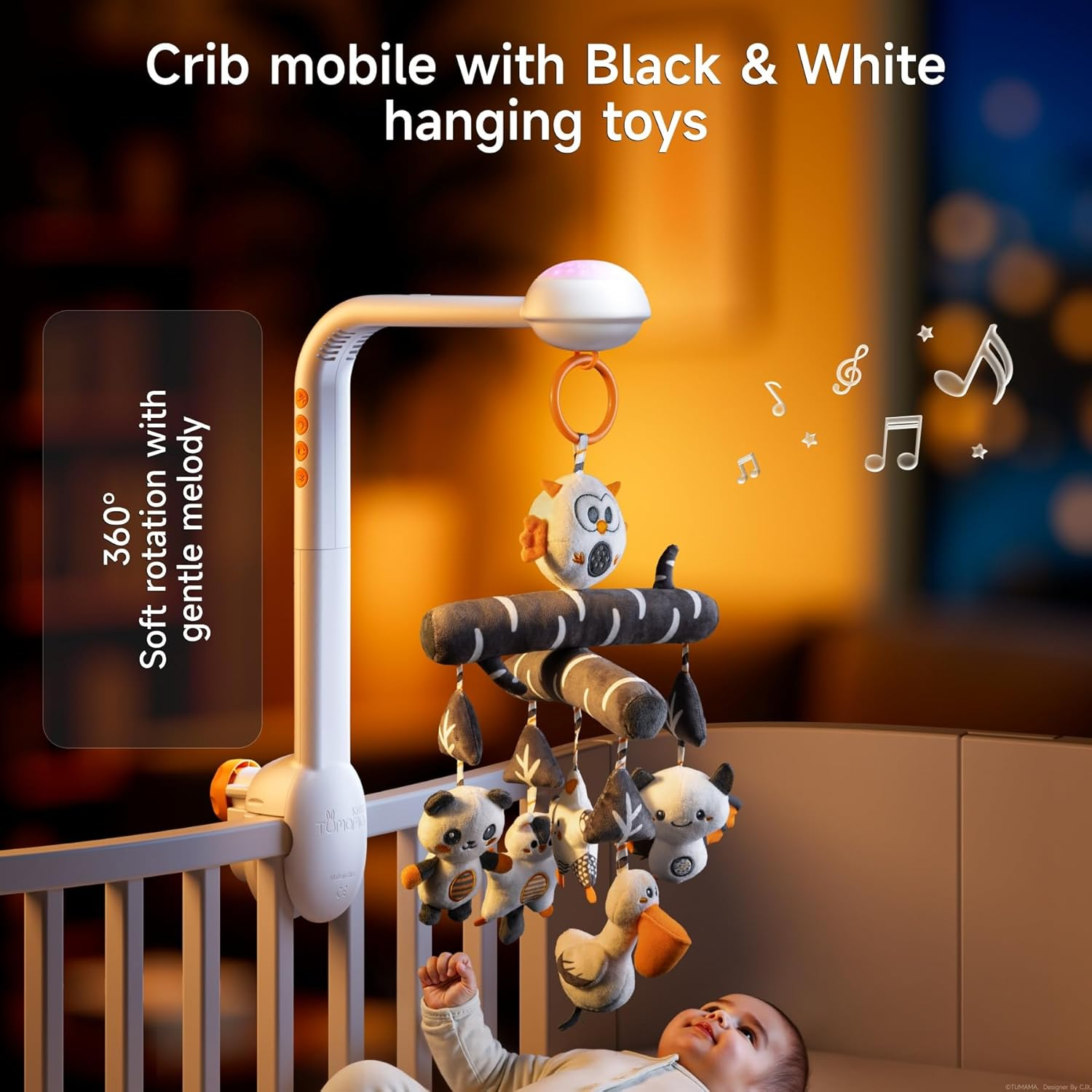 TUMAMA Baby Crib Mobile, High Contrast Toy with Projection Night Light, Music and White Noise,Black and White Soft Plush Animal Hanging Toy for Infant 0 3 6 9 Months Newborn Gift image number 4