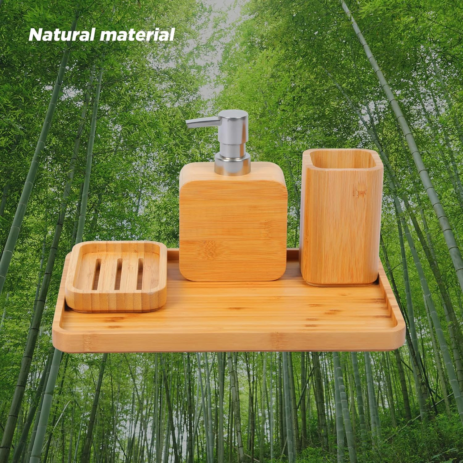 Asashizen 4-Piece Retro Handmade Bamboo Bathroom Accessory Set, Bathroom Set, Soap Dish Holder for Shower, Lotion Soap Dispenser, Mouthwash Cup, Rinse Cup, Organiser Tray image number 4