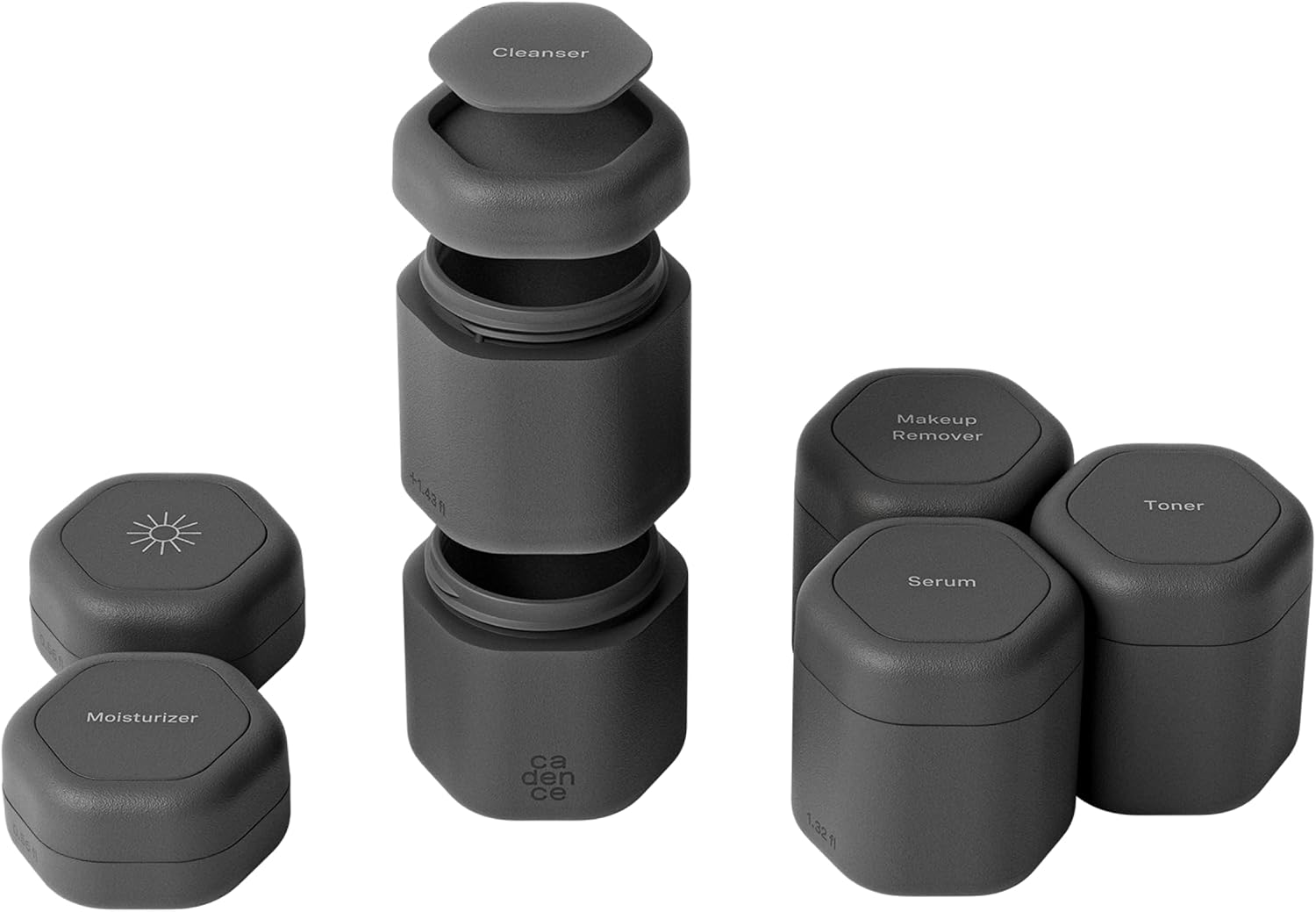 Cadence Travel Containers - Core Skincare Set - Magnetic Containers with Lids,2 Small (0.56Oz) & 3 Medium (1.32Oz) - Cleanser, Moisturizer, Serum, Makeup Remover & Sun Icon Labels - Petal