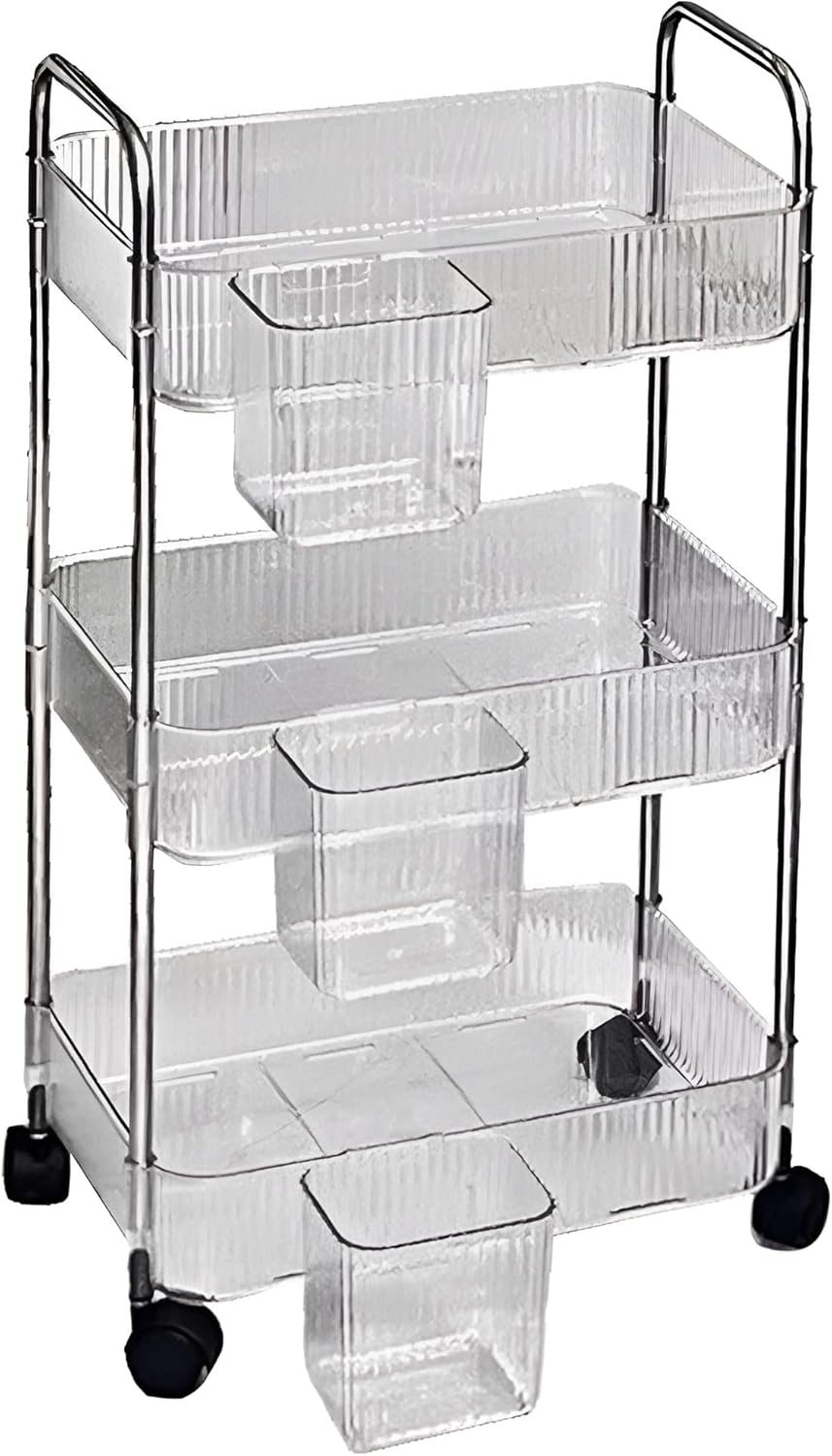 3-Tier Utility Rolling Cart, Organizer Shelves with 3 Baskets, Wheeled Makeup Trolley, Storage Rack, Mobile Utility for Office, Kitchen, Bathroom image number 5