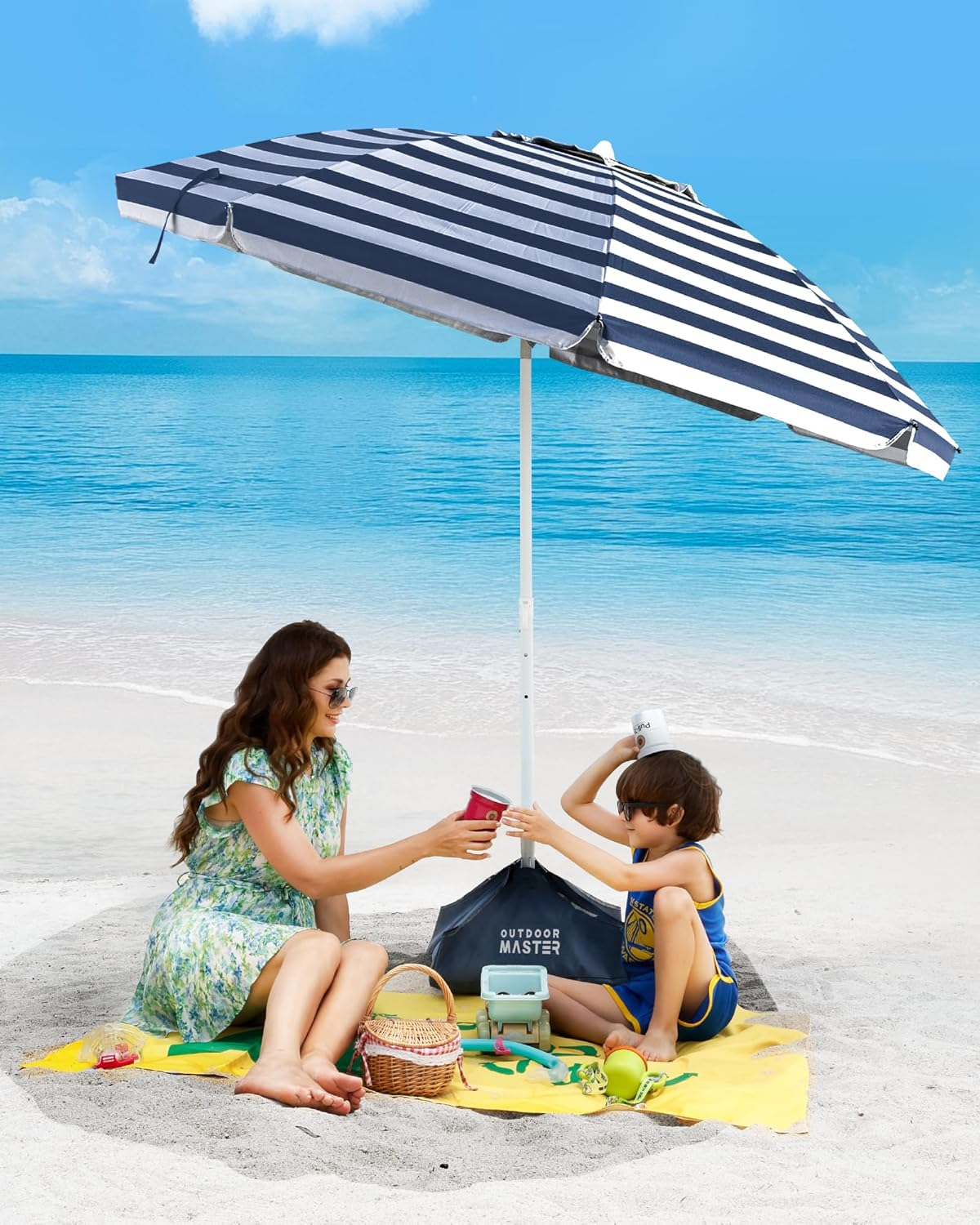 Outdoormaster Beach Umbrella with Sand Bag - 6.5Ft Beach Umbrella with Sand Anchor, UPF 50+ PU Coating with Carry Bag for Patio and Outdoor (A01 Navy Striped) image number 2