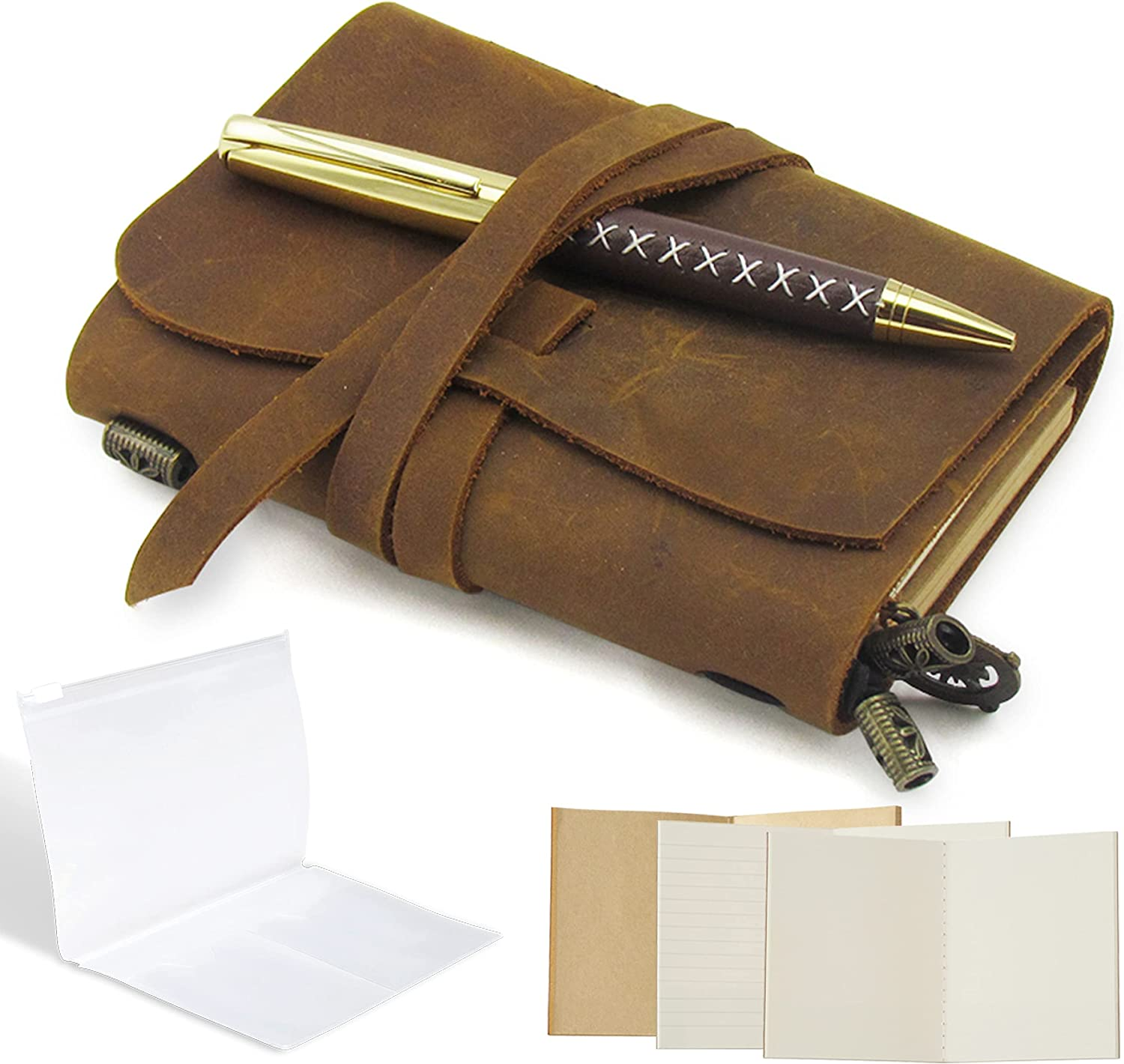 Small Pocket Refillable Travellers Notebook Handmade Leather Journal AMAZING BUNDLE Vintage Antique Genuine Leather Travel Diary for Men Women Students TN + Pen Zip Bag Notes Sketching Drawing 14X11Cm image number 6