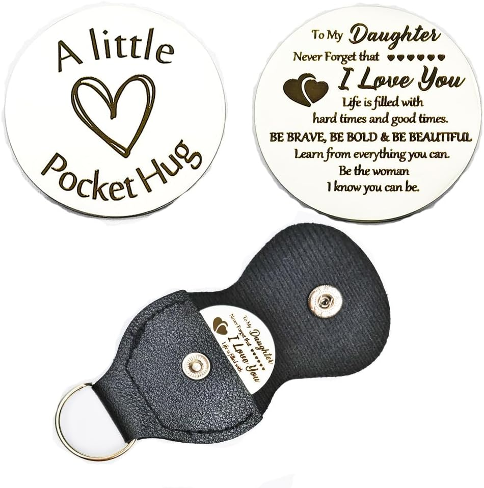 Pocket Hug Token Keychain Long Distance Relationship Hug Tokens Keepsake Stainless Steel Double Sided Pocket Hugs Token Christmas Birthday Gifts with PU Leather Keychain image number 2