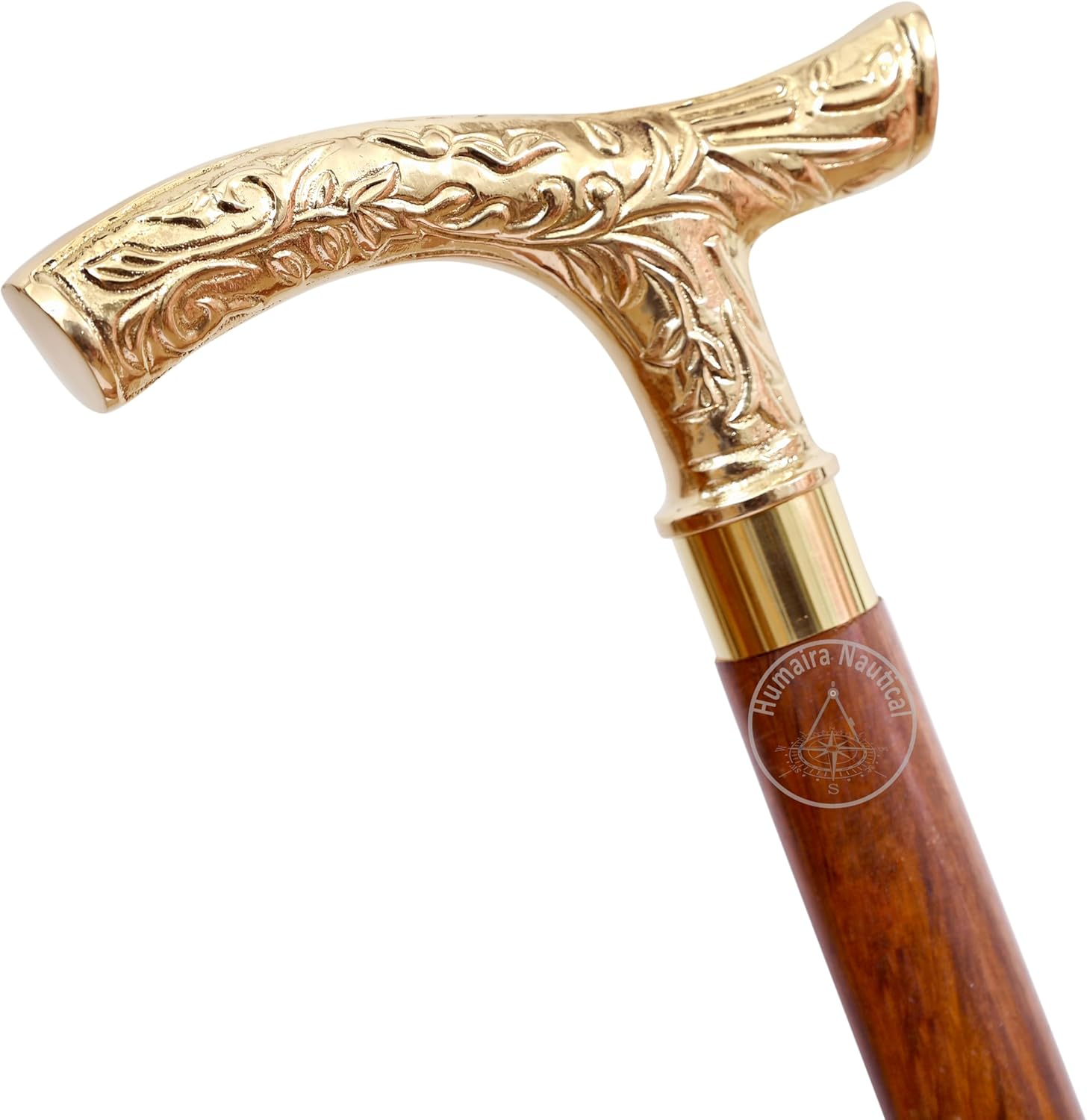 Humaira Nautical Walking Stick - Men Derby Canes and Wooden Walking Stick for Men and Women - 37" Brown Ebony Brass T Shape Handle in Golden Tone Natural Wood Unisex Cane